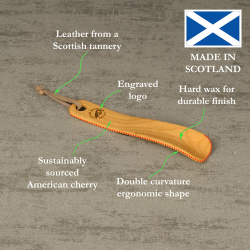 Compact Handmade Cherry Shoehorn with Leather Strap, Made in Scotland