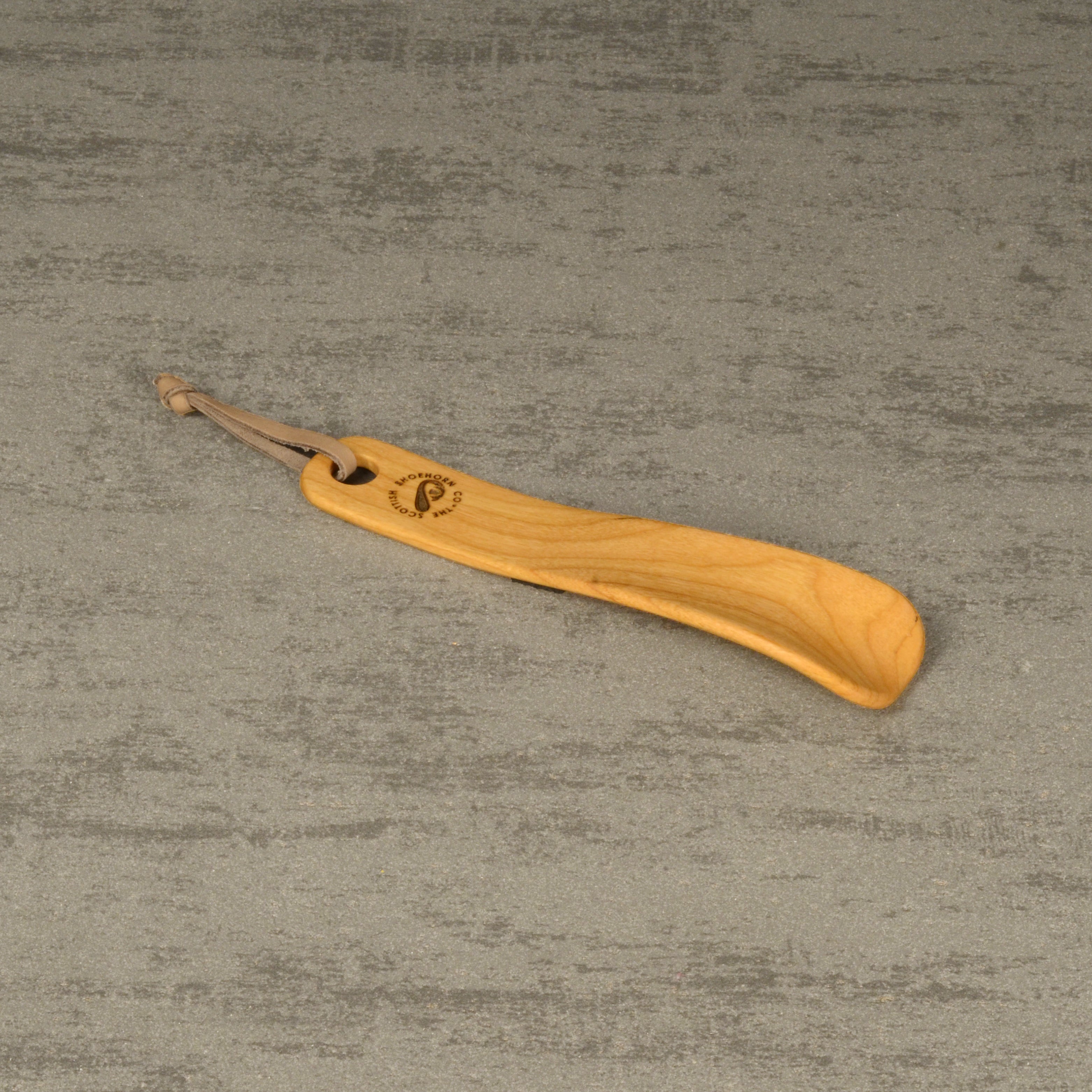 Compact Handmade Cherry Shoehorn with Leather Strap, Made in Scotland