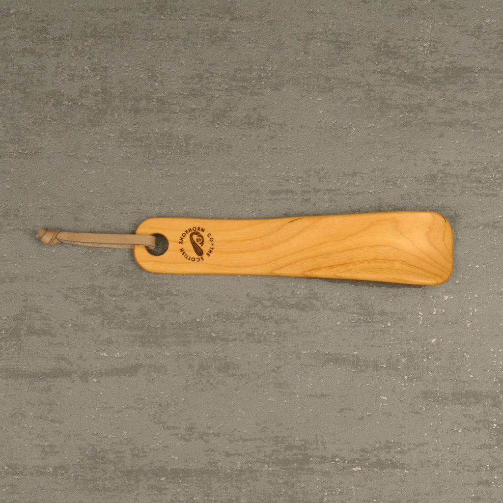 Compact Handmade Cherry Shoehorn with Leather Strap, Made in Scotland