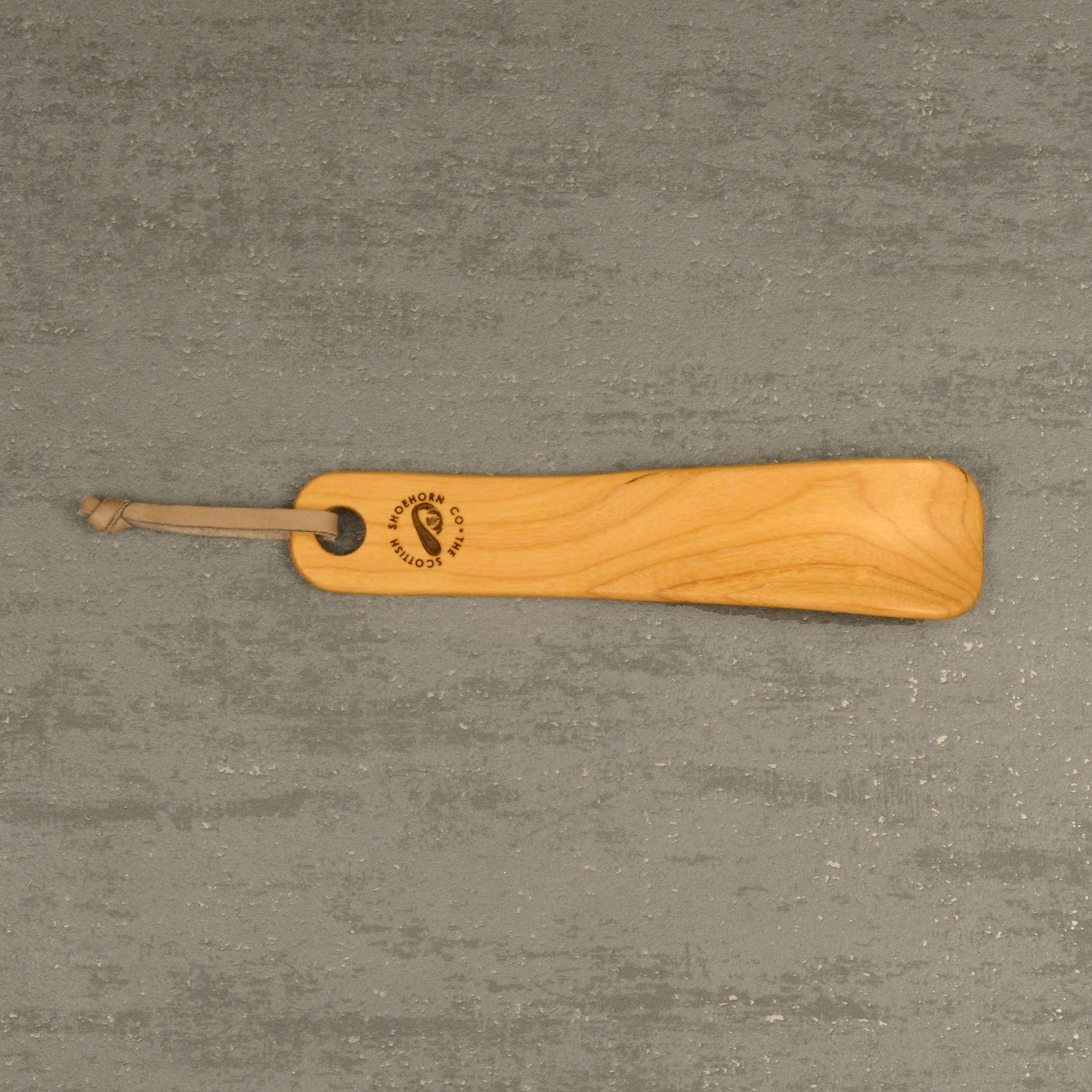 Compact Handmade Cherry Shoehorn with Leather Strap, Made in Scotland