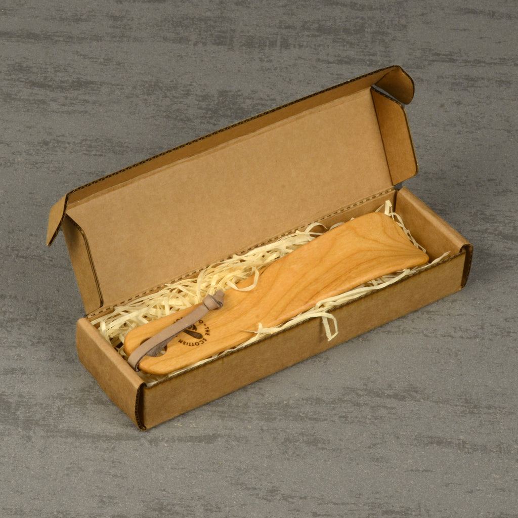 Compact Handmade Cherry Shoehorn with Leather Strap, Made in Scotland