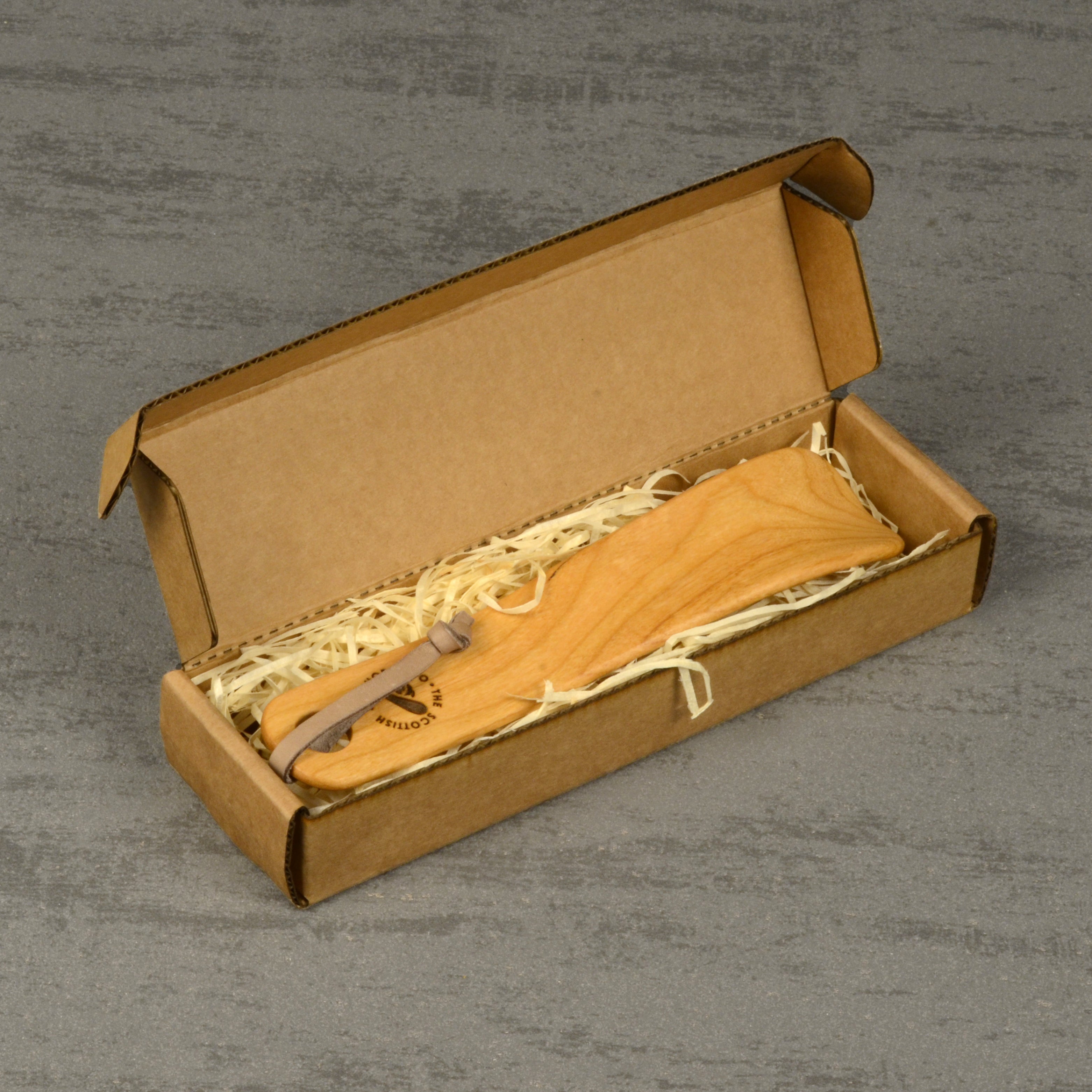 Compact Handmade Cherry Shoehorn with Leather Strap, Made in Scotland