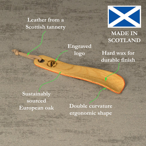 Compact Handmade Oak Shoehorn with Leather Strap, Made in Scotland