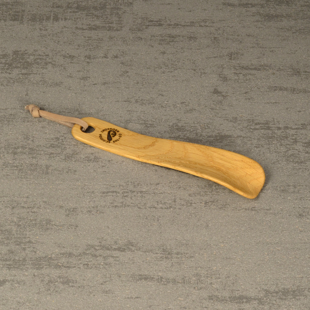Compact Handmade Oak Shoehorn with Leather Strap, Made in Scotland