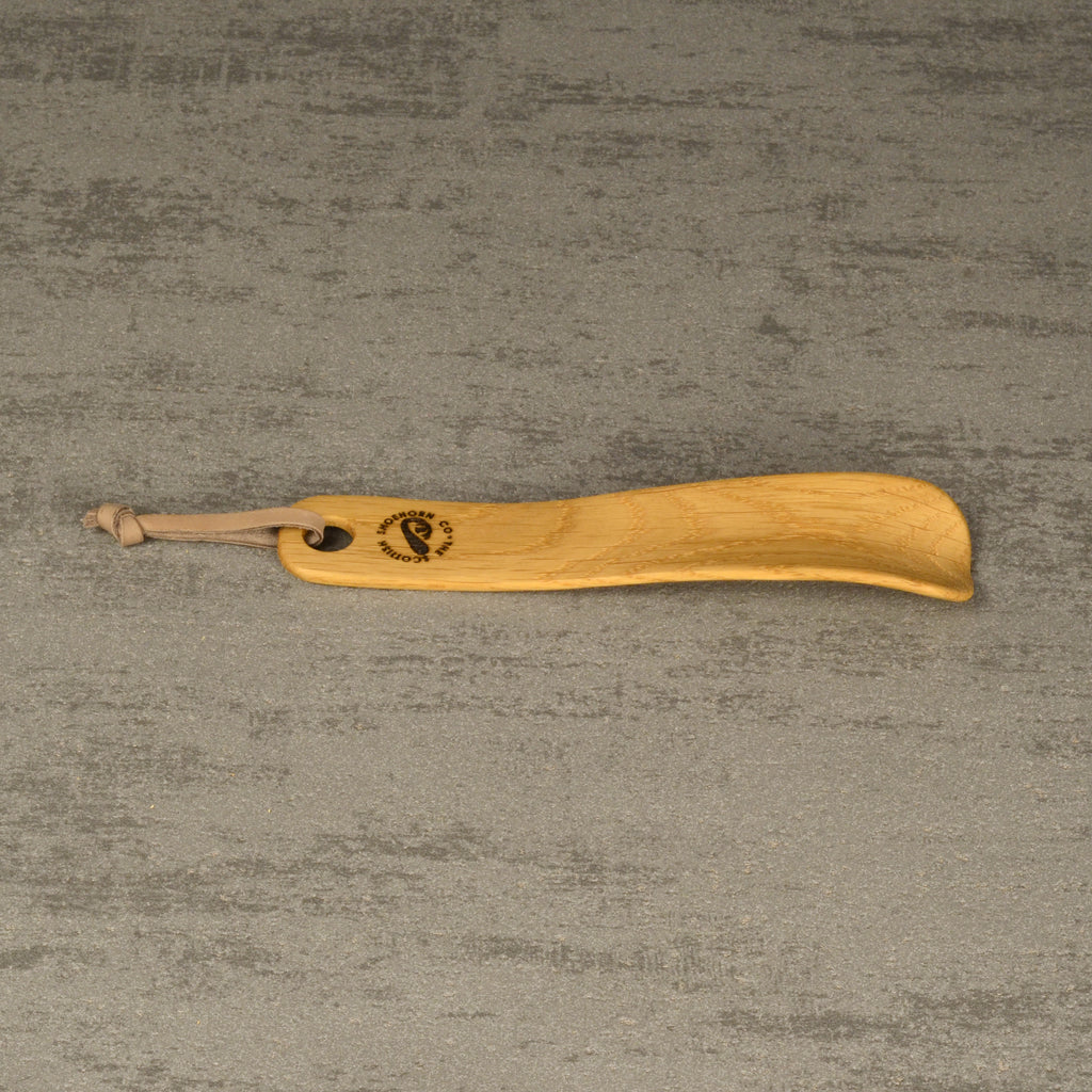 Compact Handmade Oak Shoehorn with Leather Strap, Made in Scotland