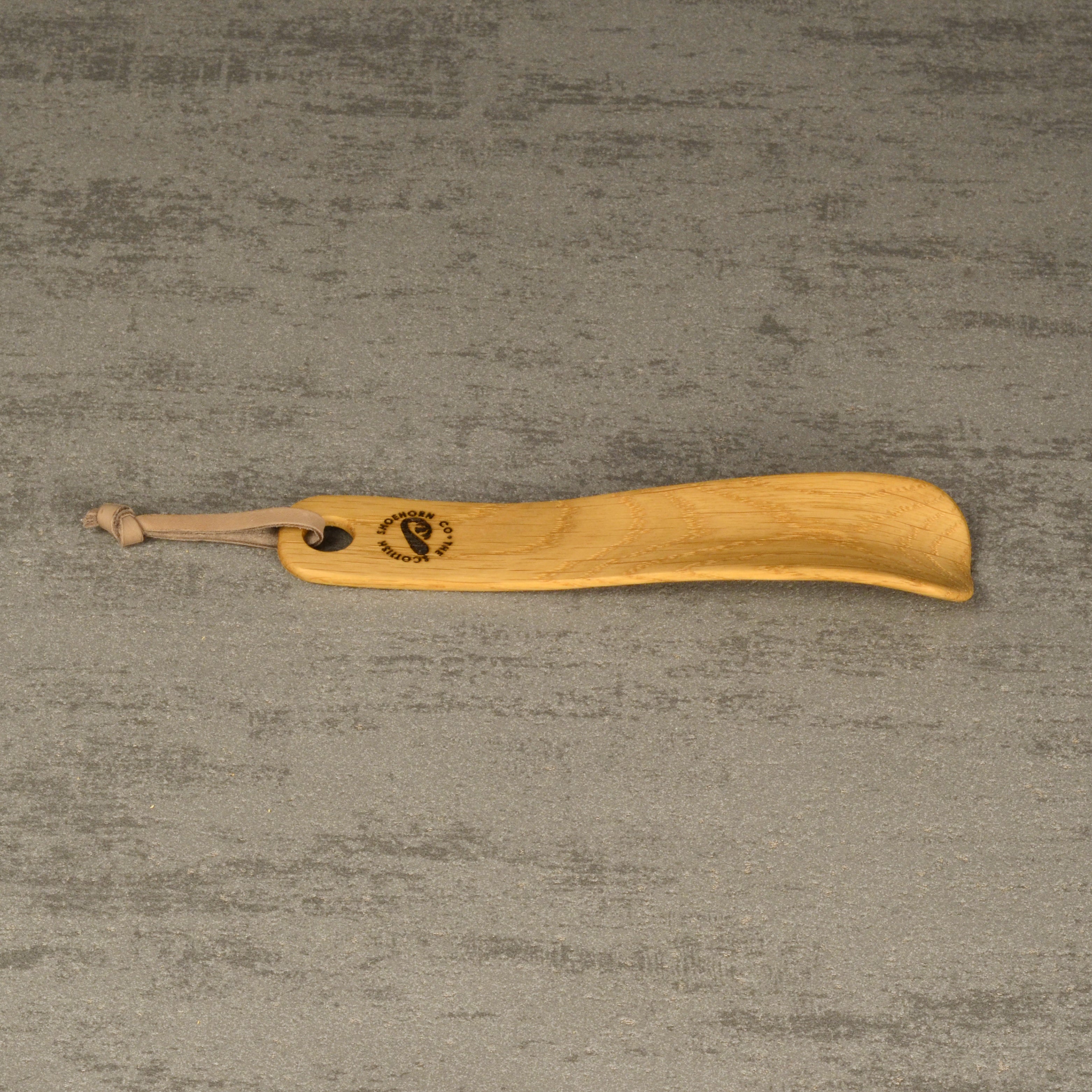 Compact Handmade Oak Shoehorn with Leather Strap, Made in Scotland