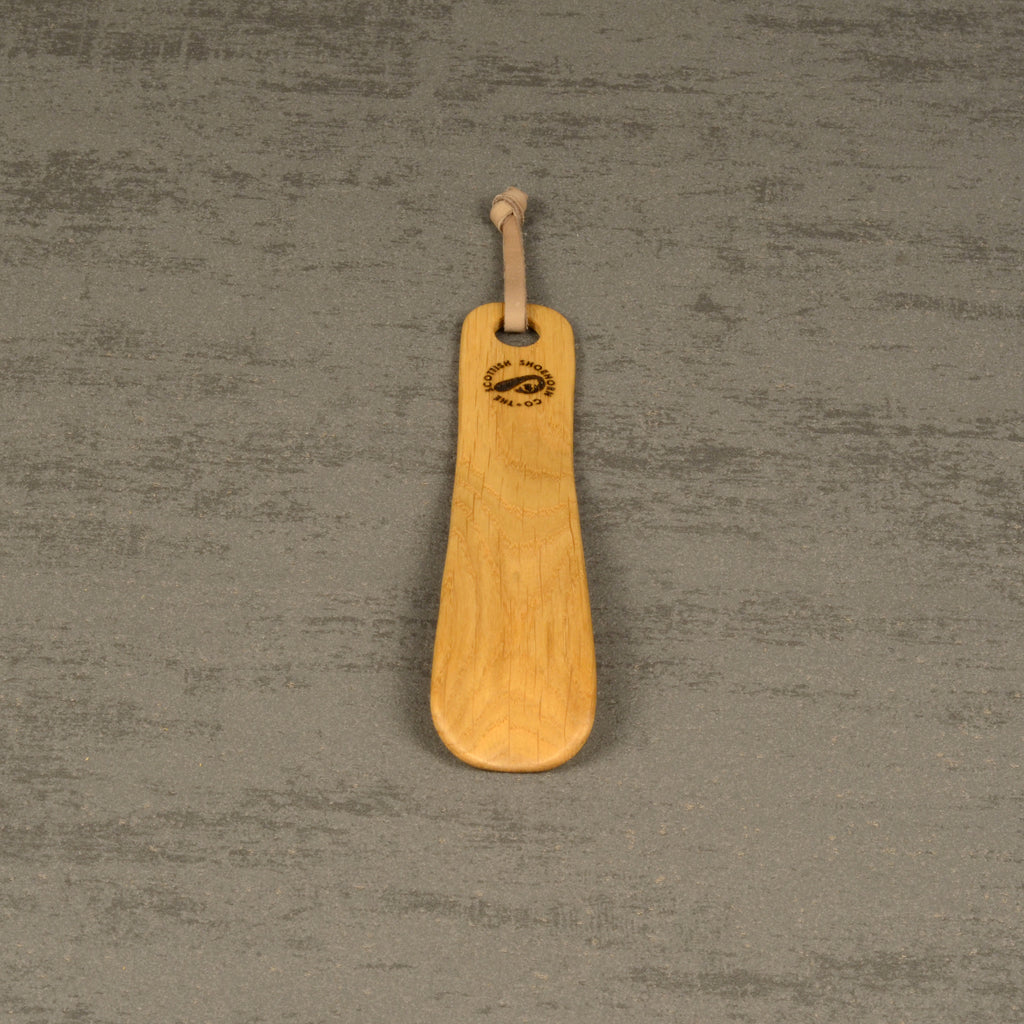 Compact Handmade Oak Shoehorn with Leather Strap, Made in Scotland