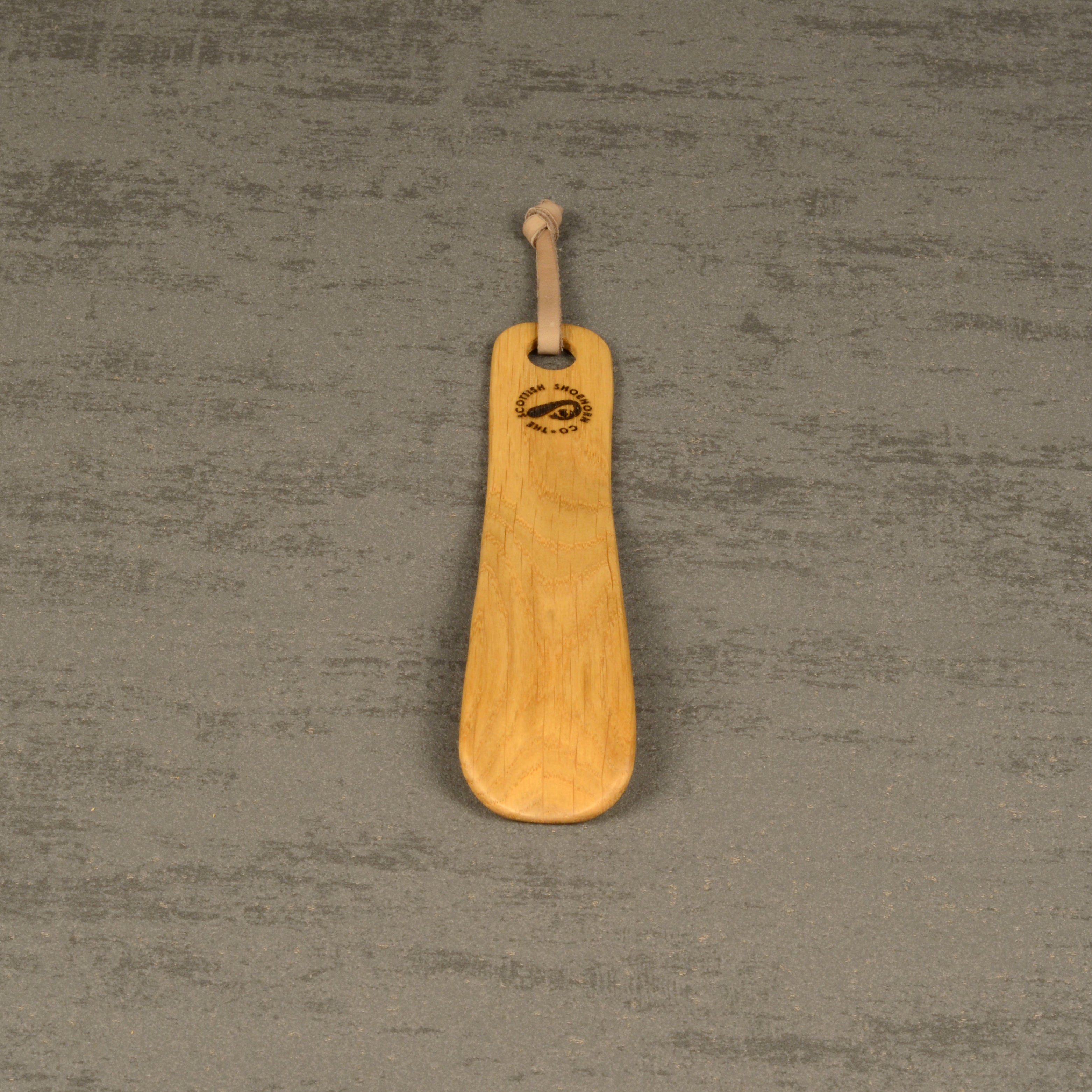 Compact Handmade Oak Shoehorn with Leather Strap, Made in Scotland