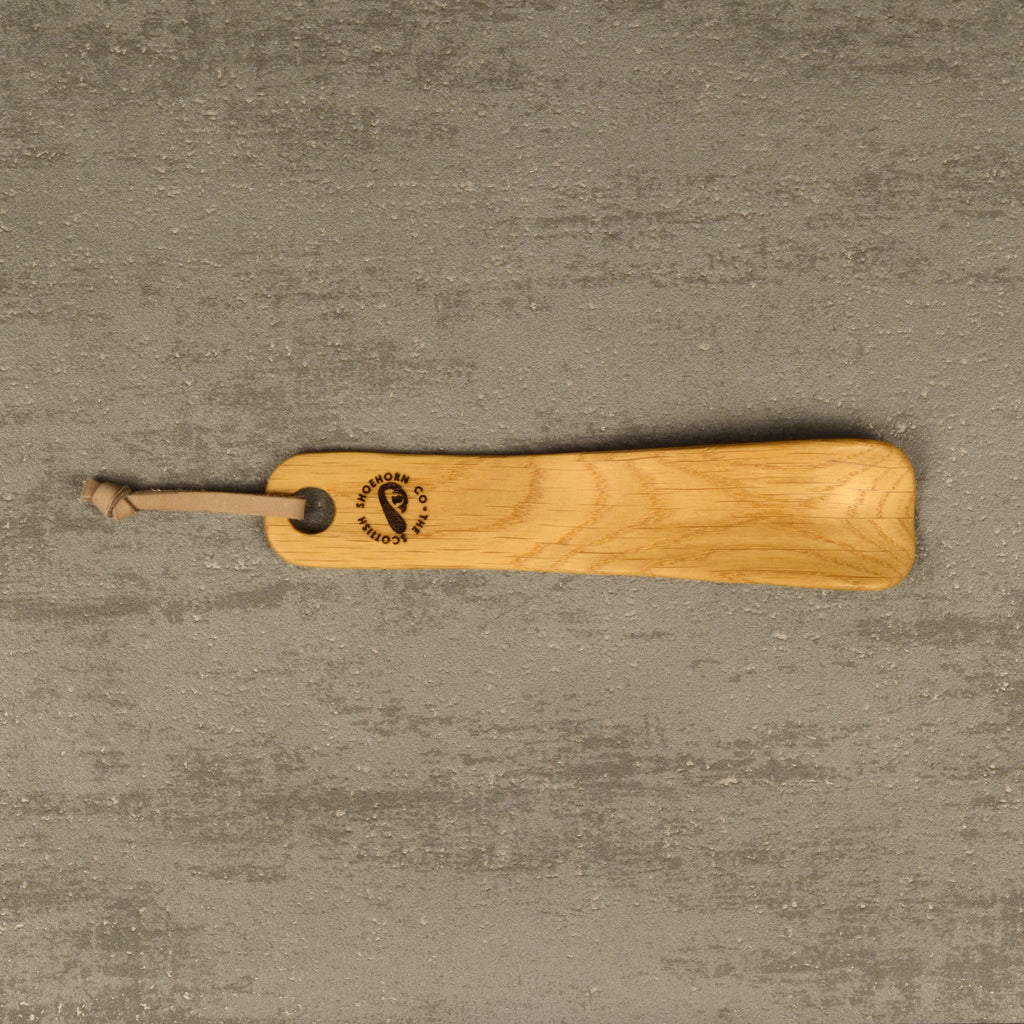 Compact Handmade Oak Shoehorn with Leather Strap, Made in Scotland