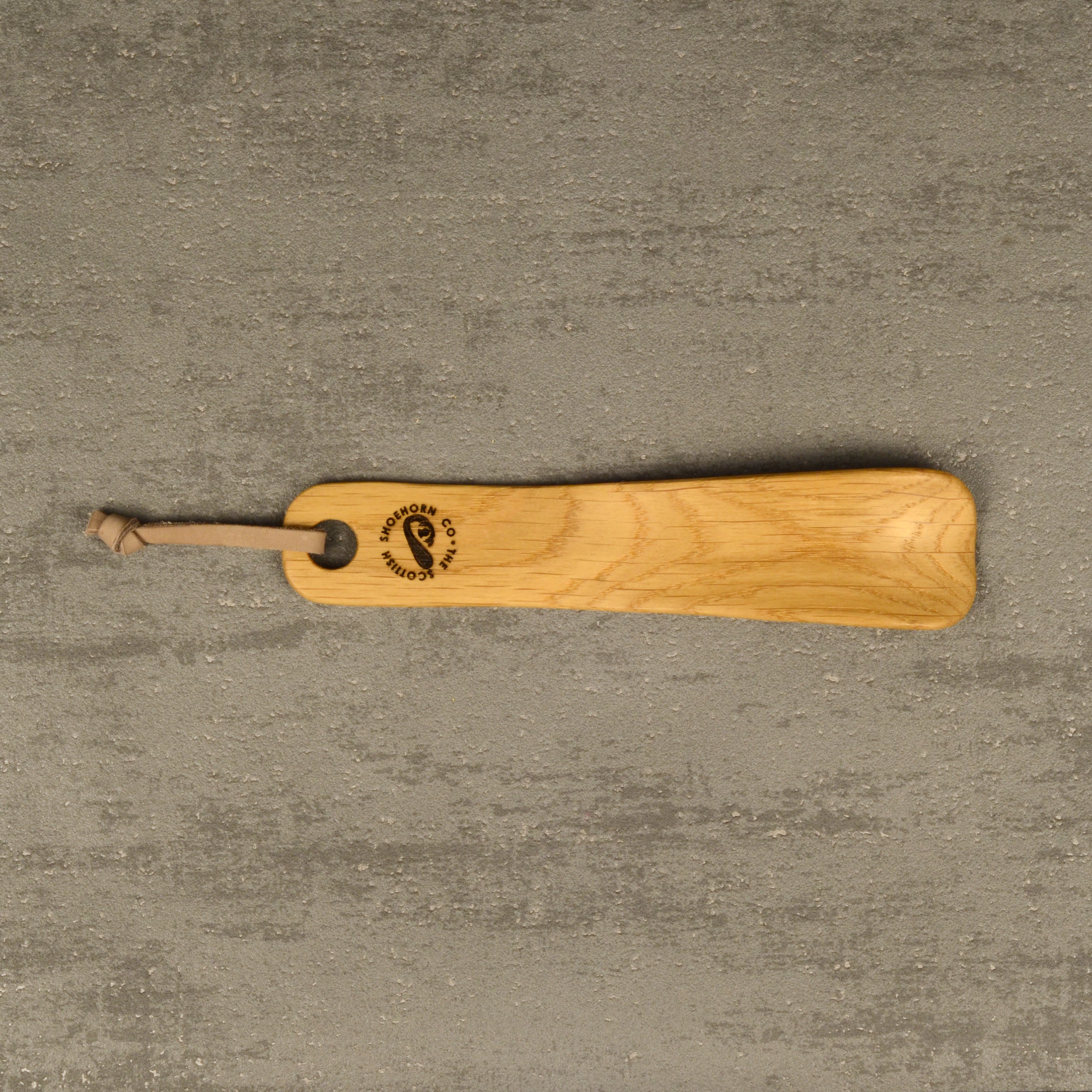 Compact Handmade Oak Shoehorn with Leather Strap, Made in Scotland
