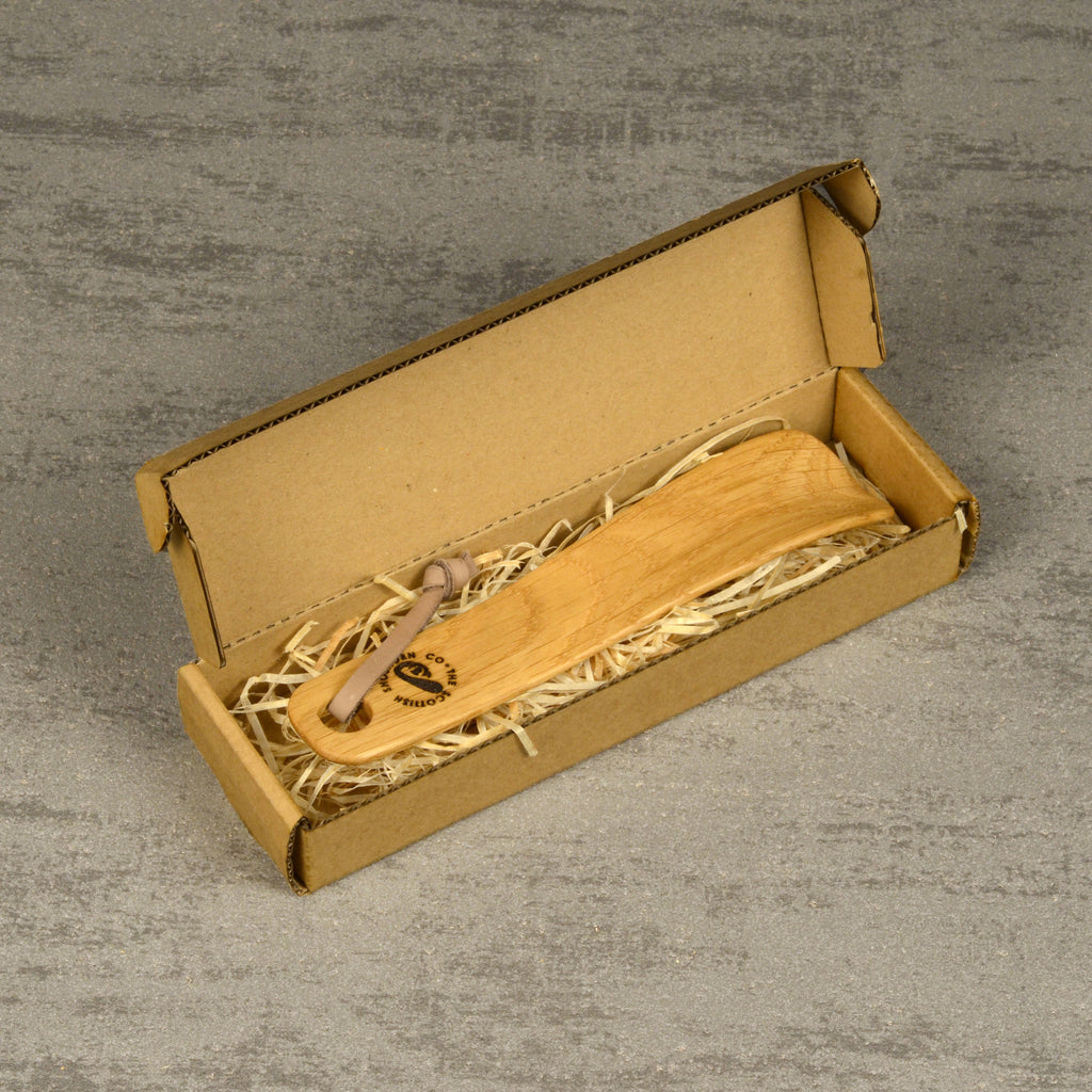 Compact Handmade Oak Shoehorn with Leather Strap, Made in Scotland