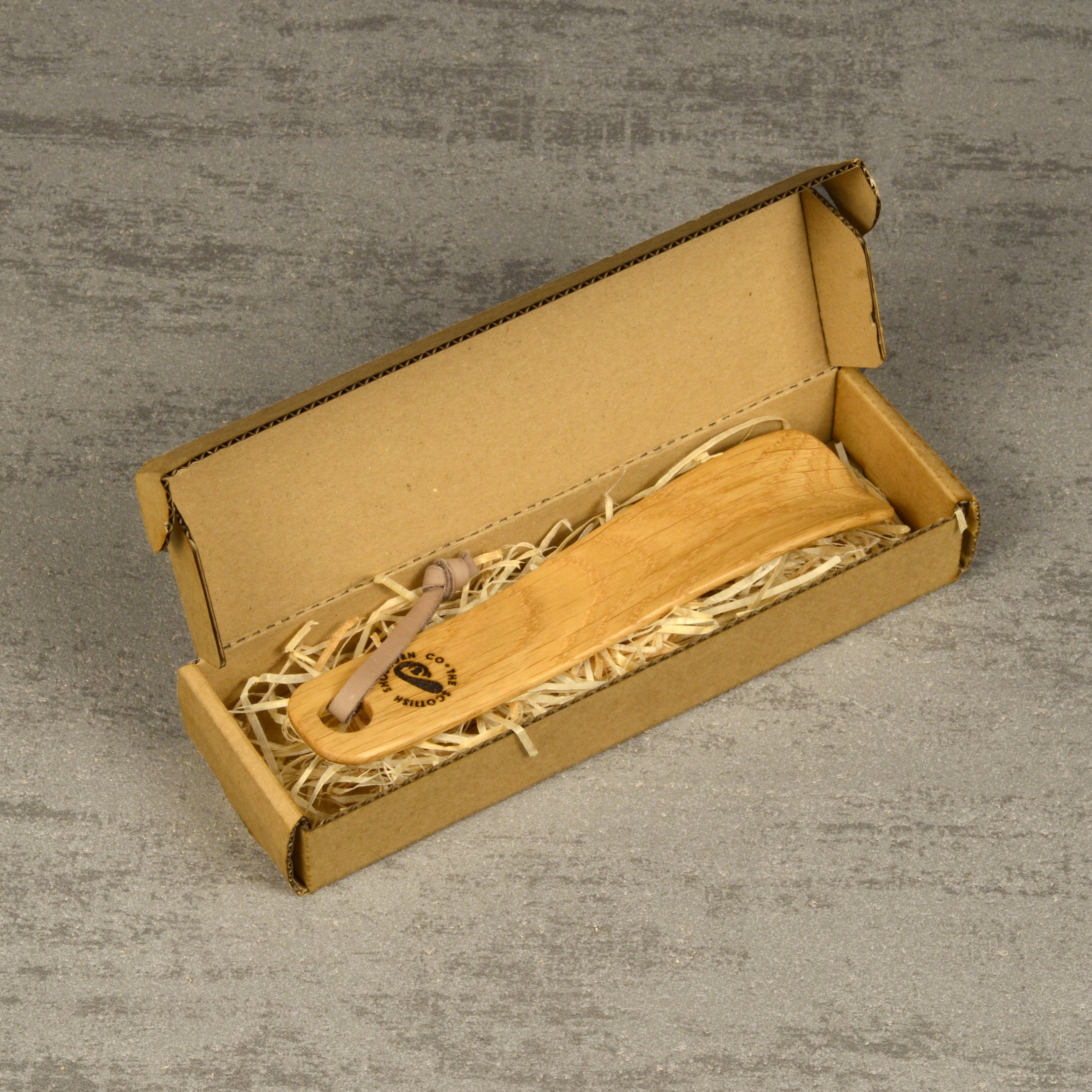 Compact Handmade Oak Shoehorn with Leather Strap, Made in Scotland