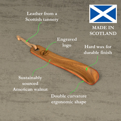 Compact Handmade Walnut Shoehorn with Leather Strap, Made in Scotland