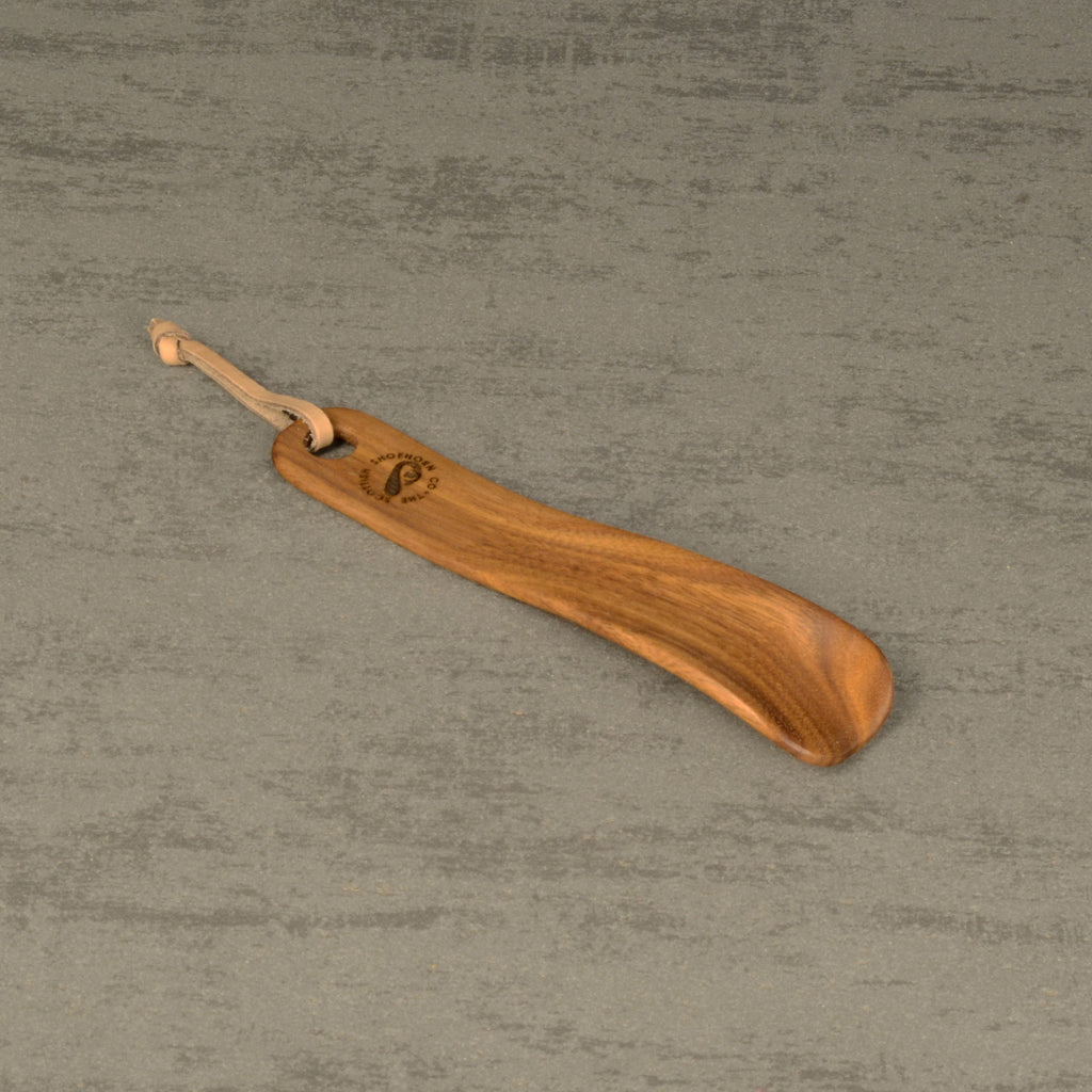 Compact Handmade Walnut Shoehorn with Leather Strap, Made in Scotland