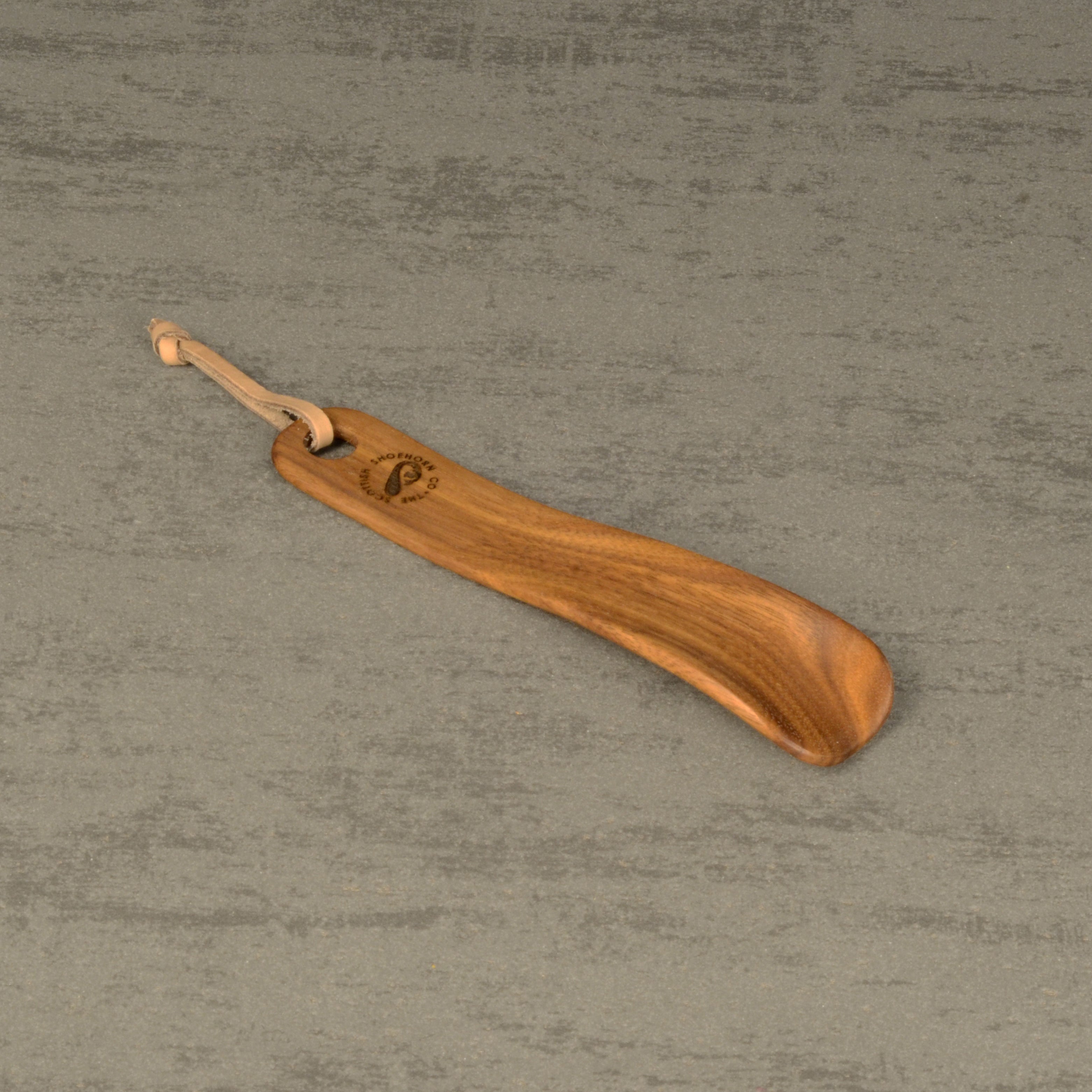 Compact Handmade Walnut Shoehorn with Leather Strap, Made in Scotland