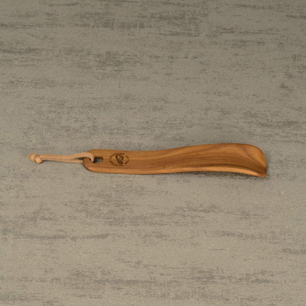 Compact Handmade Walnut Shoehorn with Leather Strap, Made in Scotland
