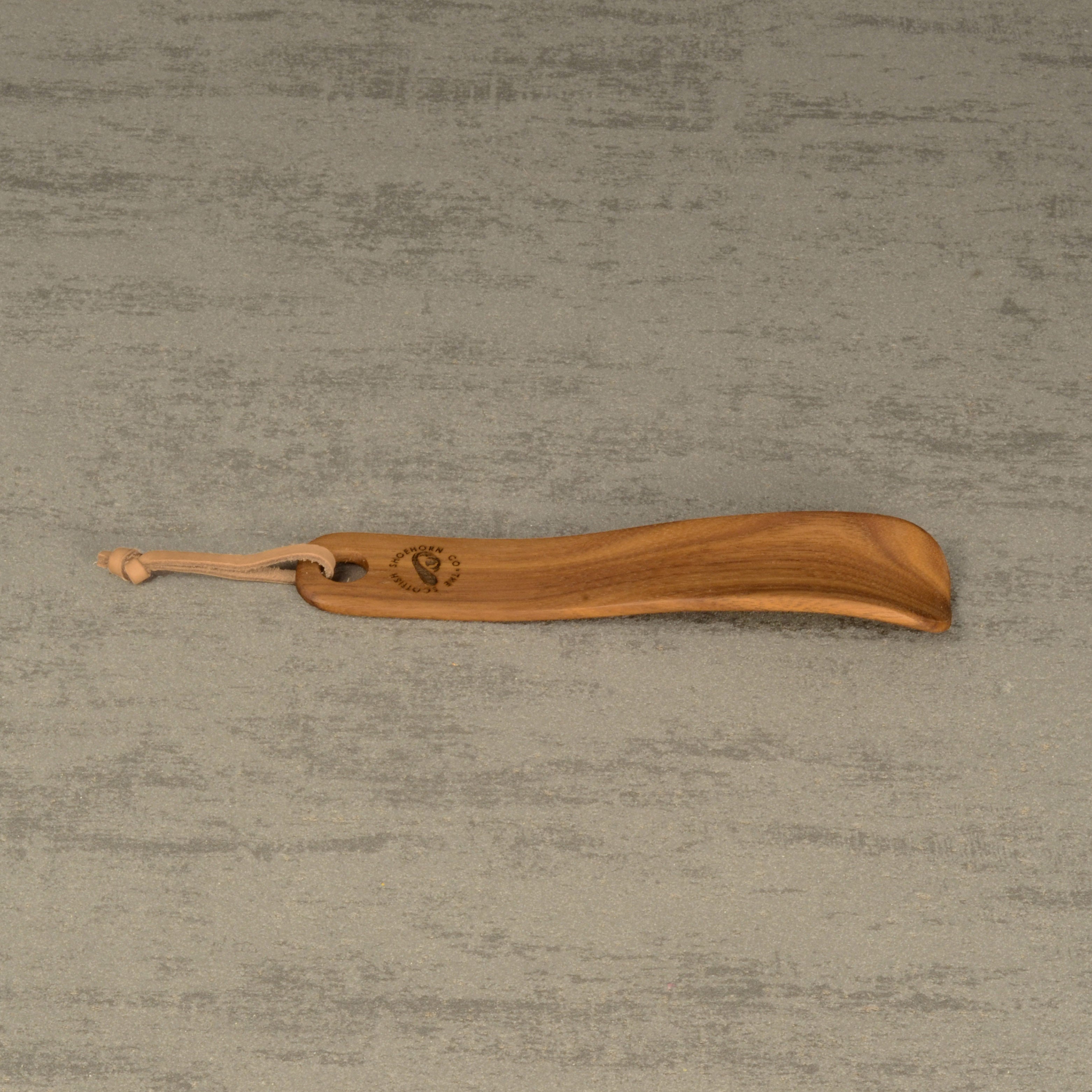 Compact Handmade Walnut Shoehorn with Leather Strap, Made in Scotland