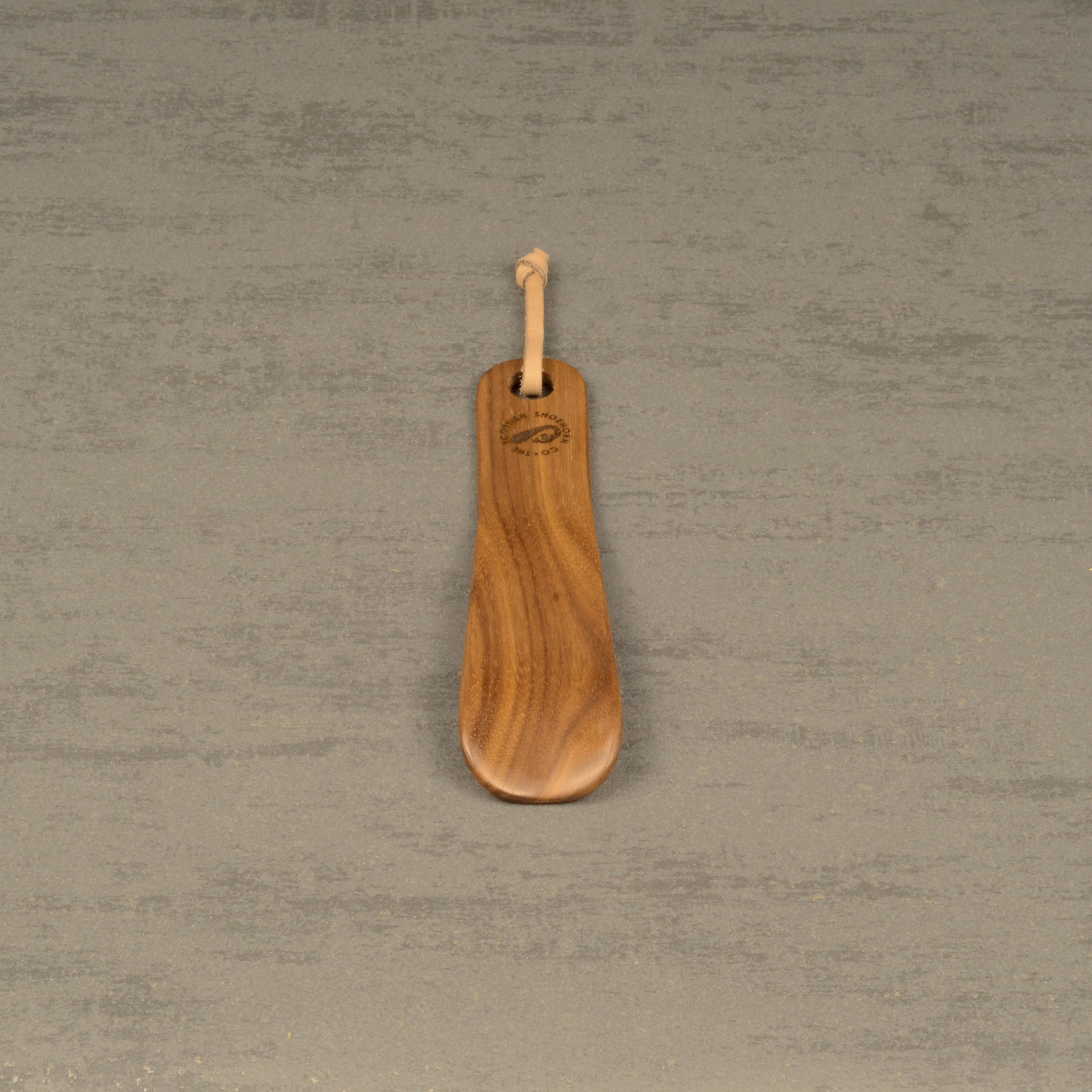 Compact Handmade Walnut Shoehorn with Leather Strap, Made in Scotland