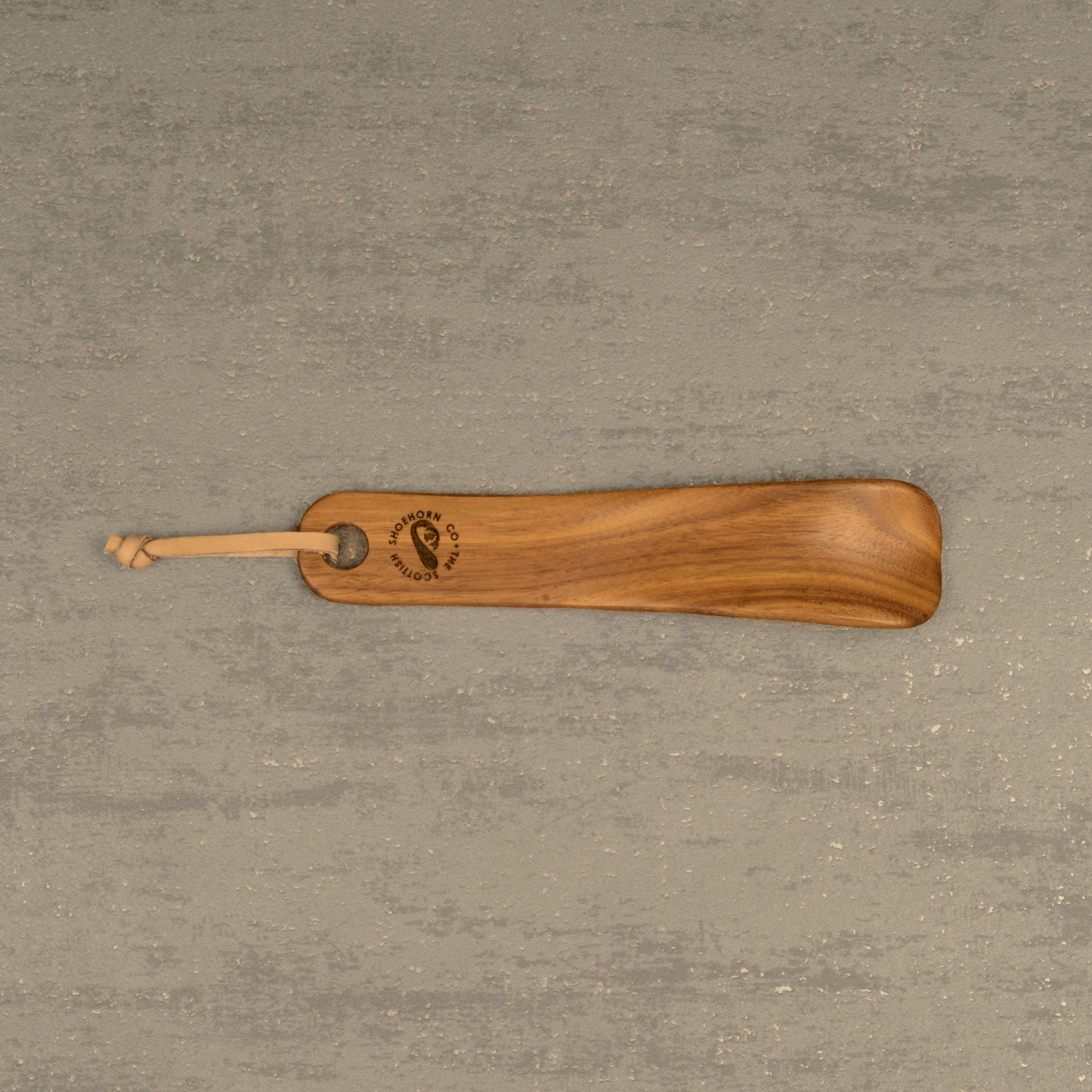 Compact Handmade Walnut Shoehorn with Leather Strap, Made in Scotland