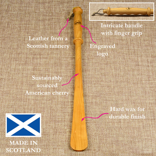 Long Handmade Cherry Shoehorn with Intricate Handle and Leather Strap, Made in Scotland