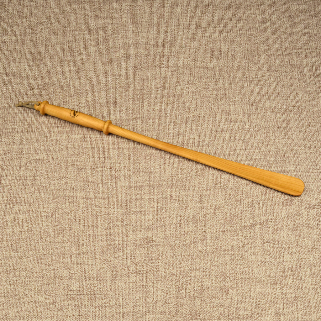 Long Handmade Cherry Wood Shoehorn with Intricate Handle and Leather Strap, Made in Scotland