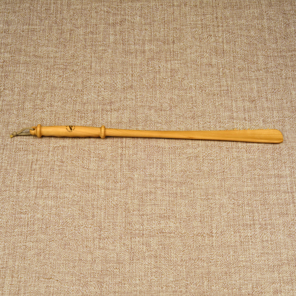Long Handmade Cherry Wood Shoehorn with Intricate Handle and Leather Strap, Made in Scotland