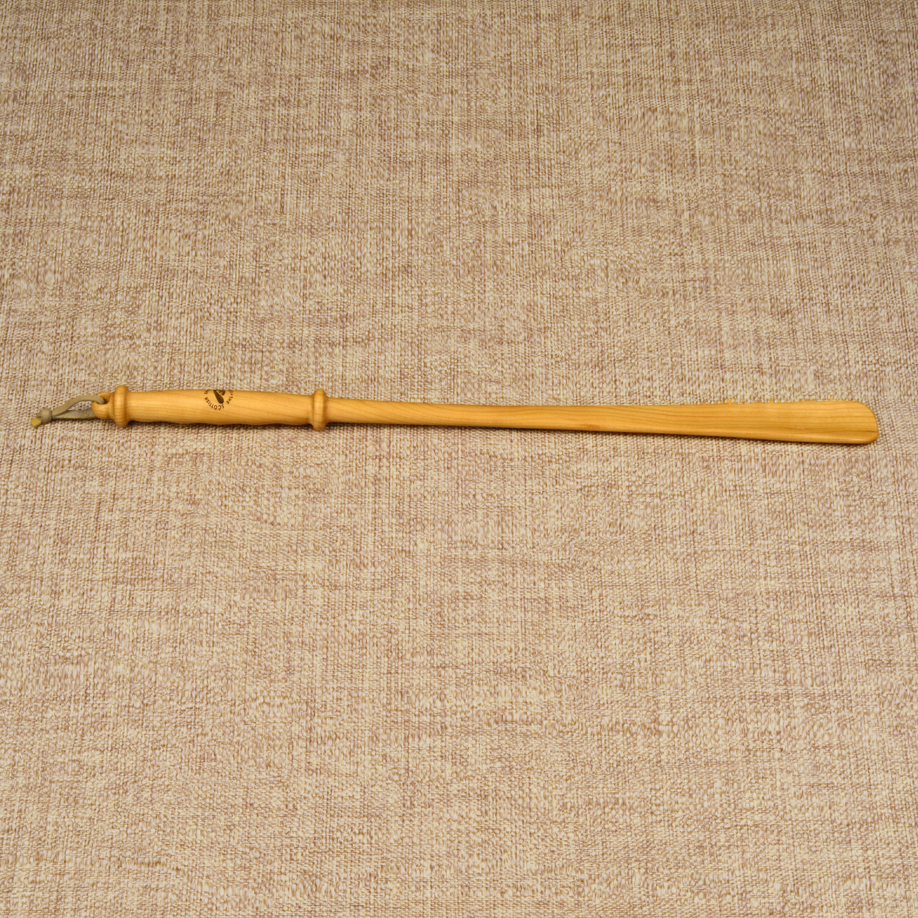 Long Handmade Cherry Wood Shoehorn with Intricate Handle and Leather Strap, Made in Scotland