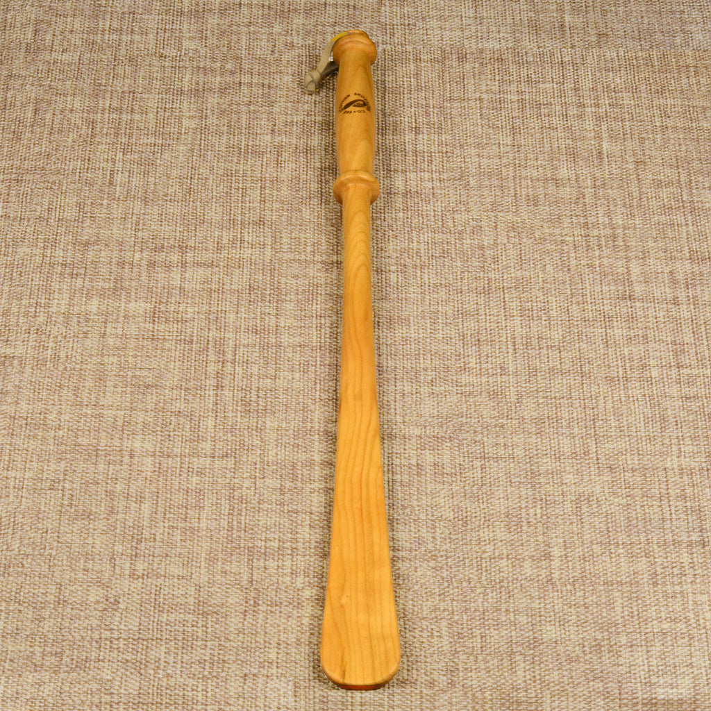 Long Handmade Cherry Wood Shoehorn with Intricate Handle and Leather Strap, Made in Scotland