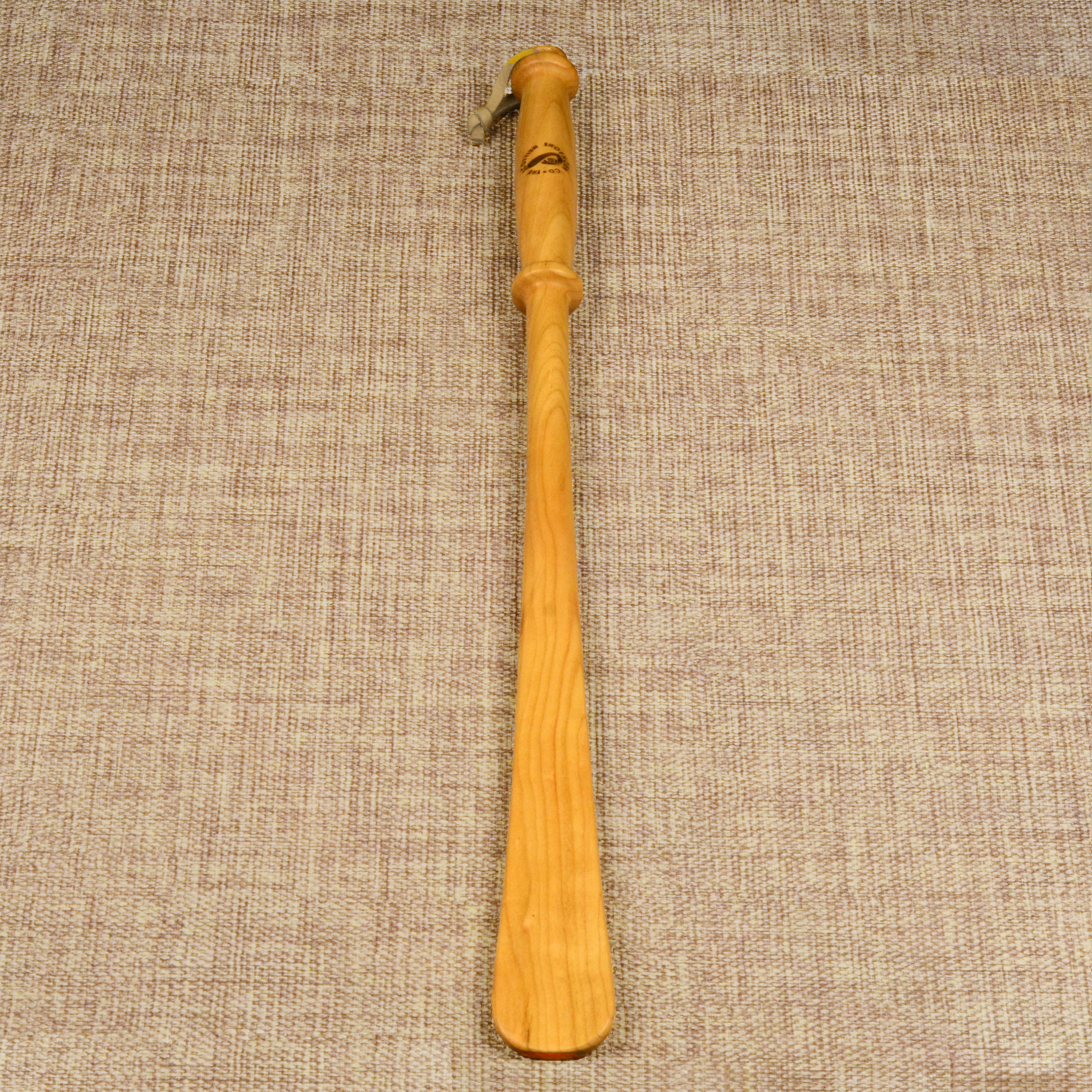 Long Handmade Cherry Wood Shoehorn with Intricate Handle and Leather Strap, Made in Scotland