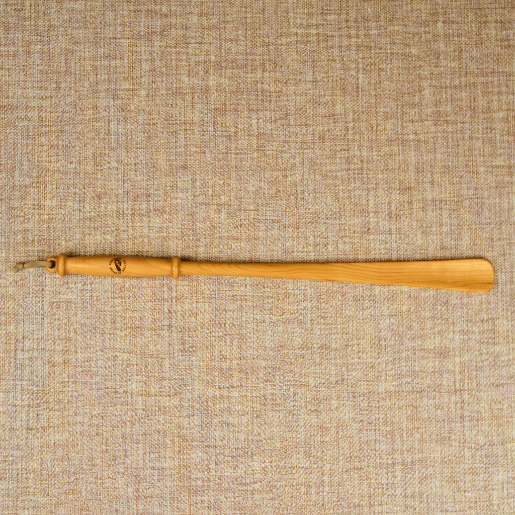 Long Handmade Cherry Wood Shoehorn with Intricate Handle and Leather Strap, Made in Scotland