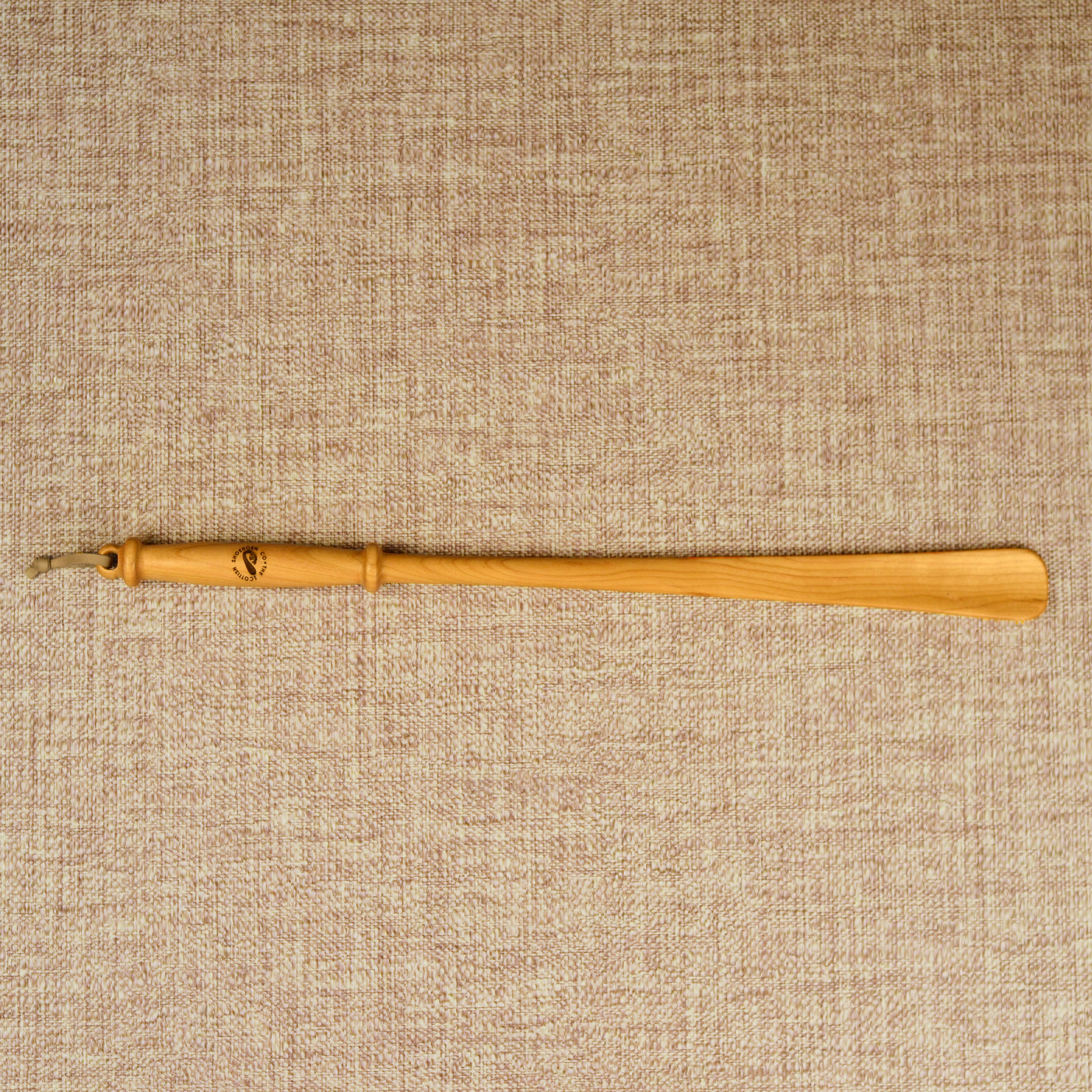 Long Handmade Cherry Wood Shoehorn with Intricate Handle and Leather Strap, Made in Scotland