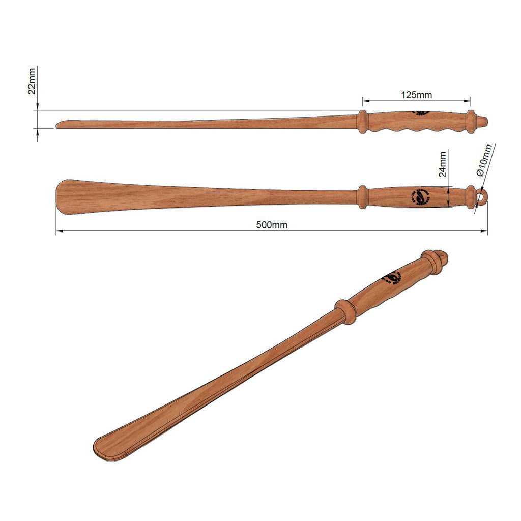 Long Handmade Cherry Wood Shoehorn with Intricate Handle and Leather Strap, Made in Scotland
