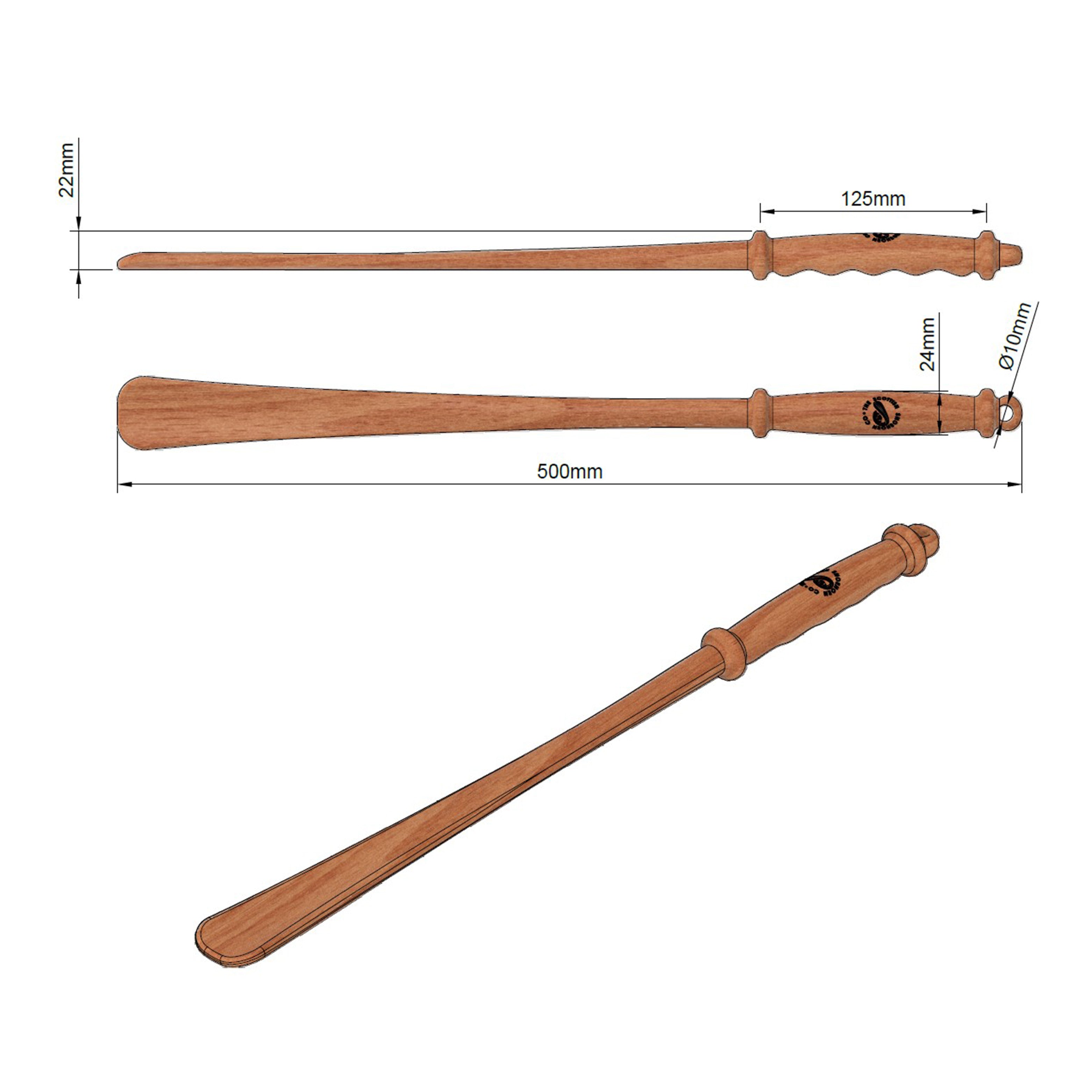 Long Handmade Cherry Wood Shoehorn with Intricate Handle and Leather Strap, Made in Scotland