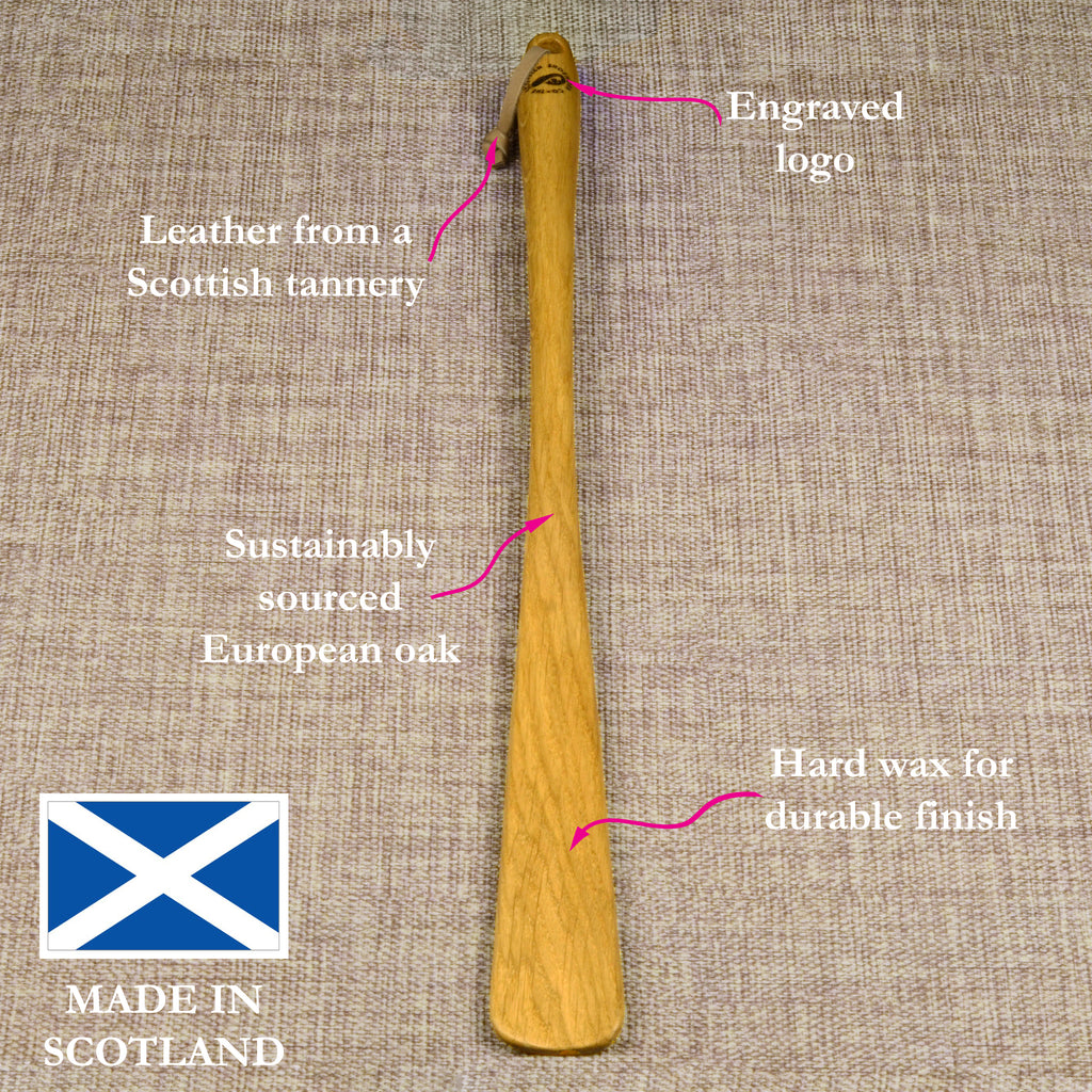 Long Handmade Oak Shoehorn with Leather Strap, Made in Scotland