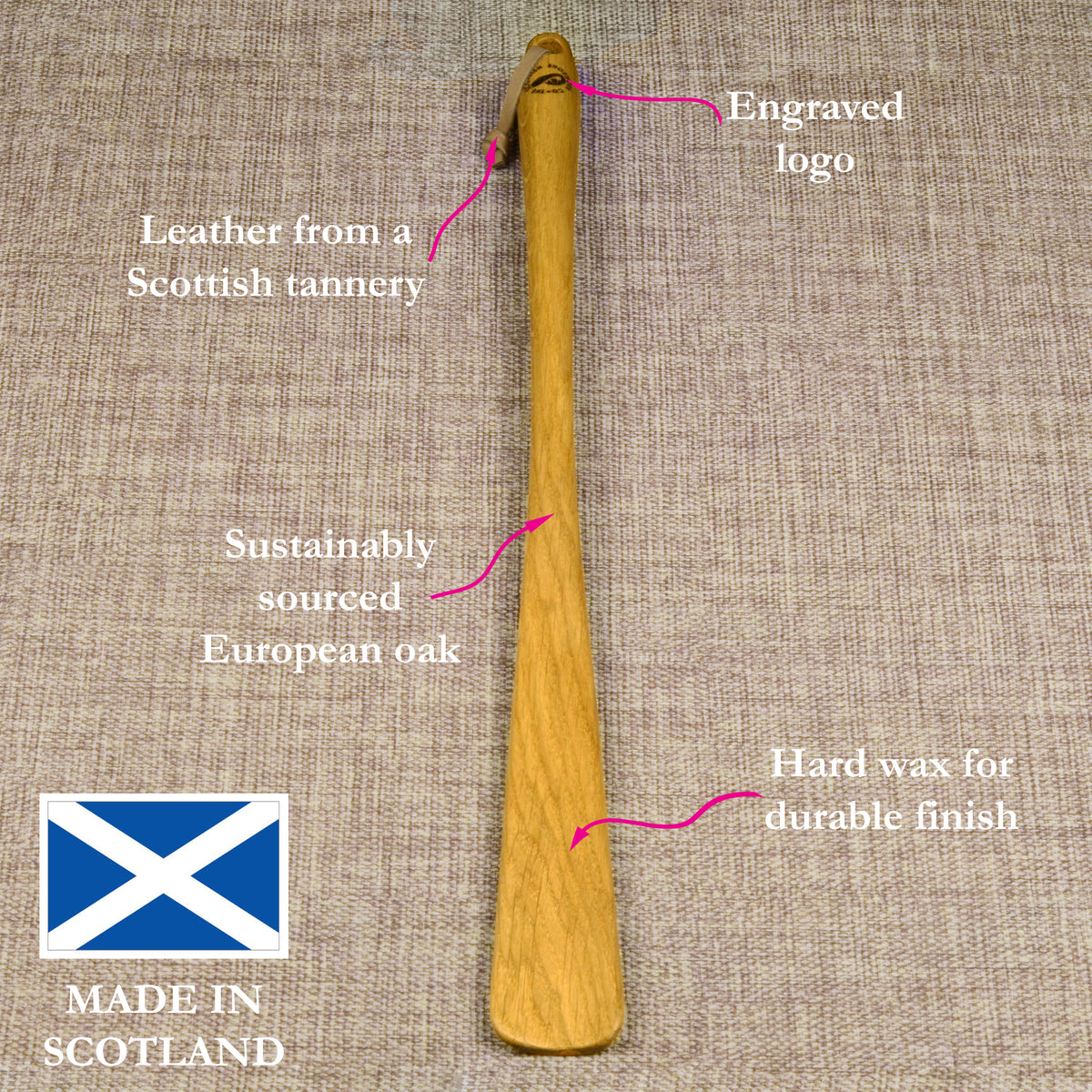 Long Handmade Oak Shoehorn with Leather Strap, Made in Scotland