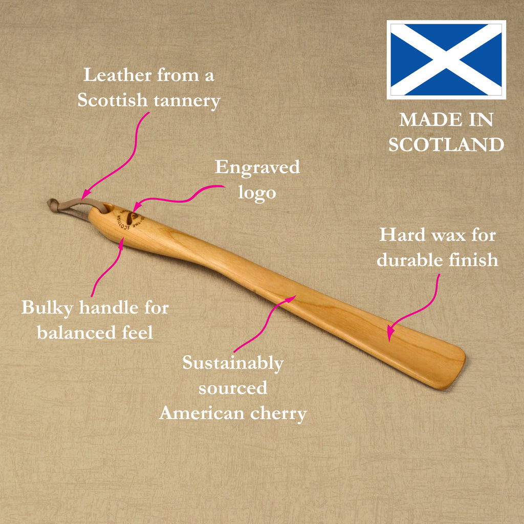 Medium Size Handmade Cherry Shoehorn with Leather Strap, Made in Scotland