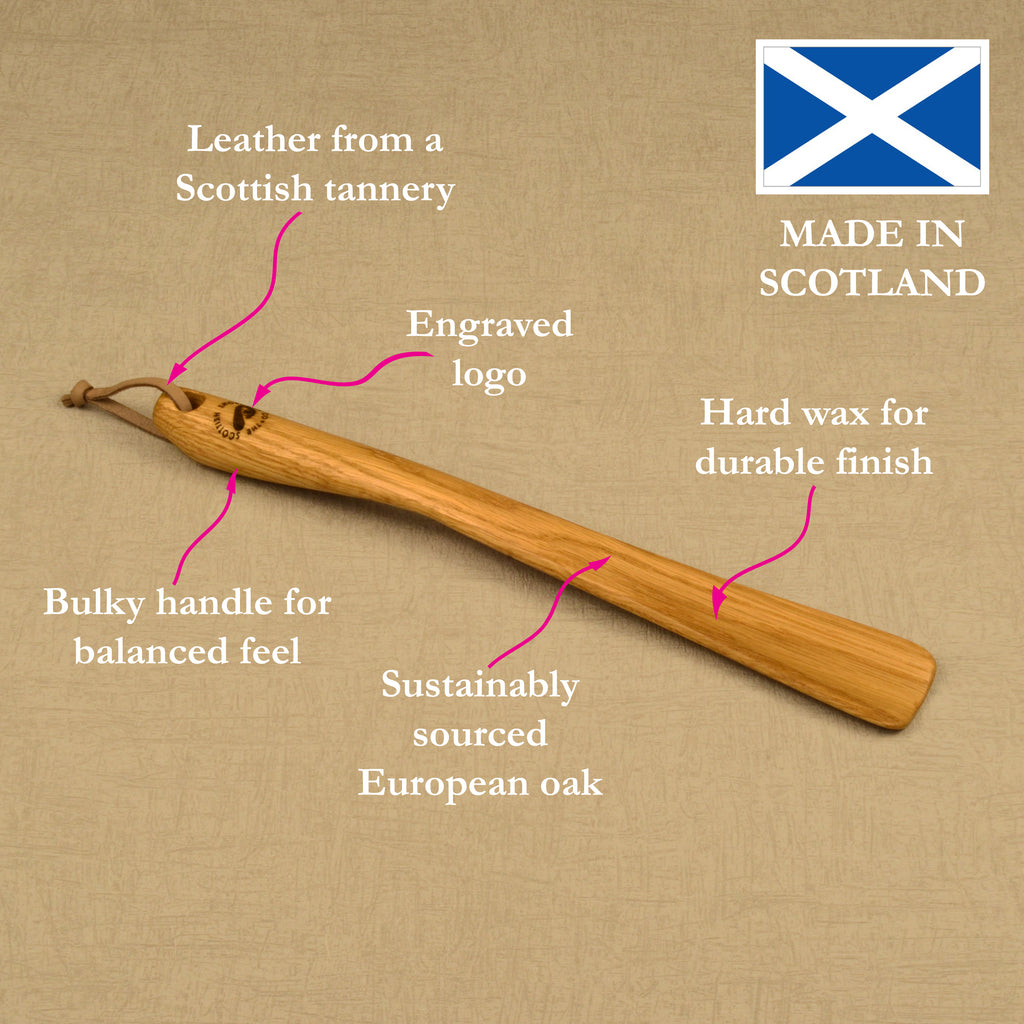 Medium Size Handmade Oak Shoehorn with Leather Strap, Made in Scotland