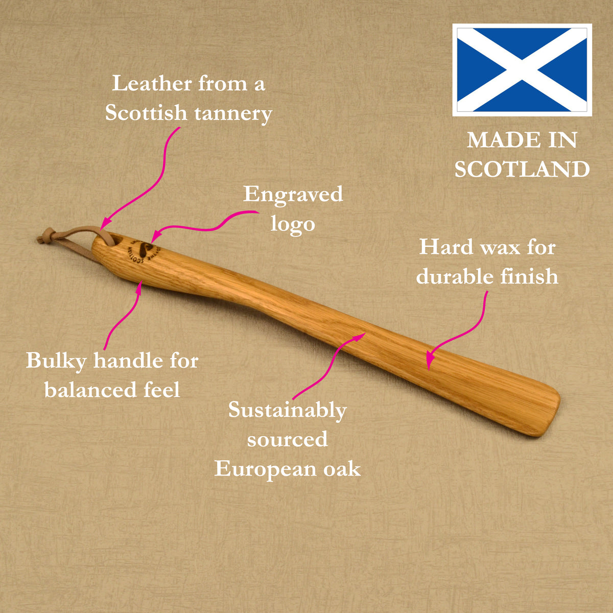 Medium Size Handmade Oak Shoehorn with Leather Strap, Made in Scotland