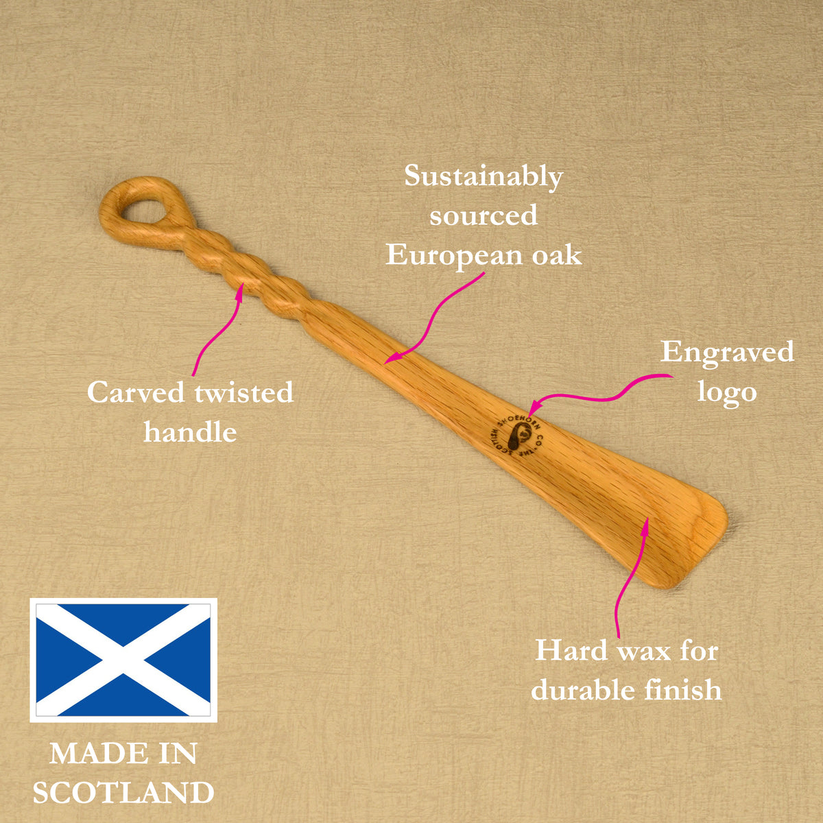 Medium Size Handmade Oak Shoehorn with Twisty Handle Design, Made in Scotland