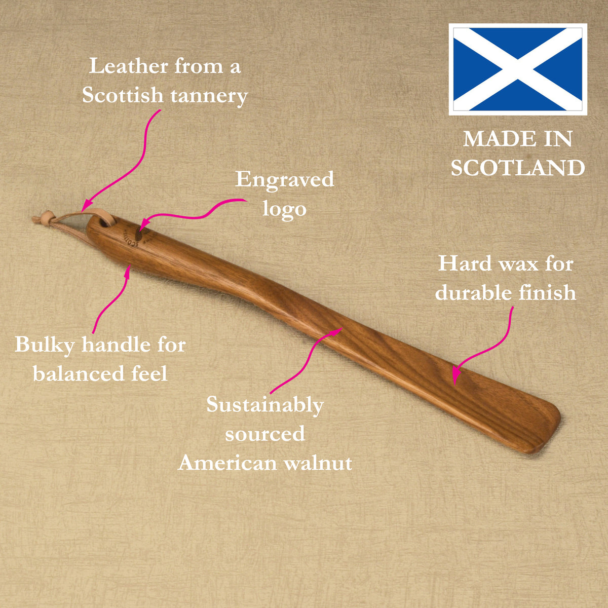 Medium Size Handmade Walnut Shoehorn with Leather Strap, Made in Scotland