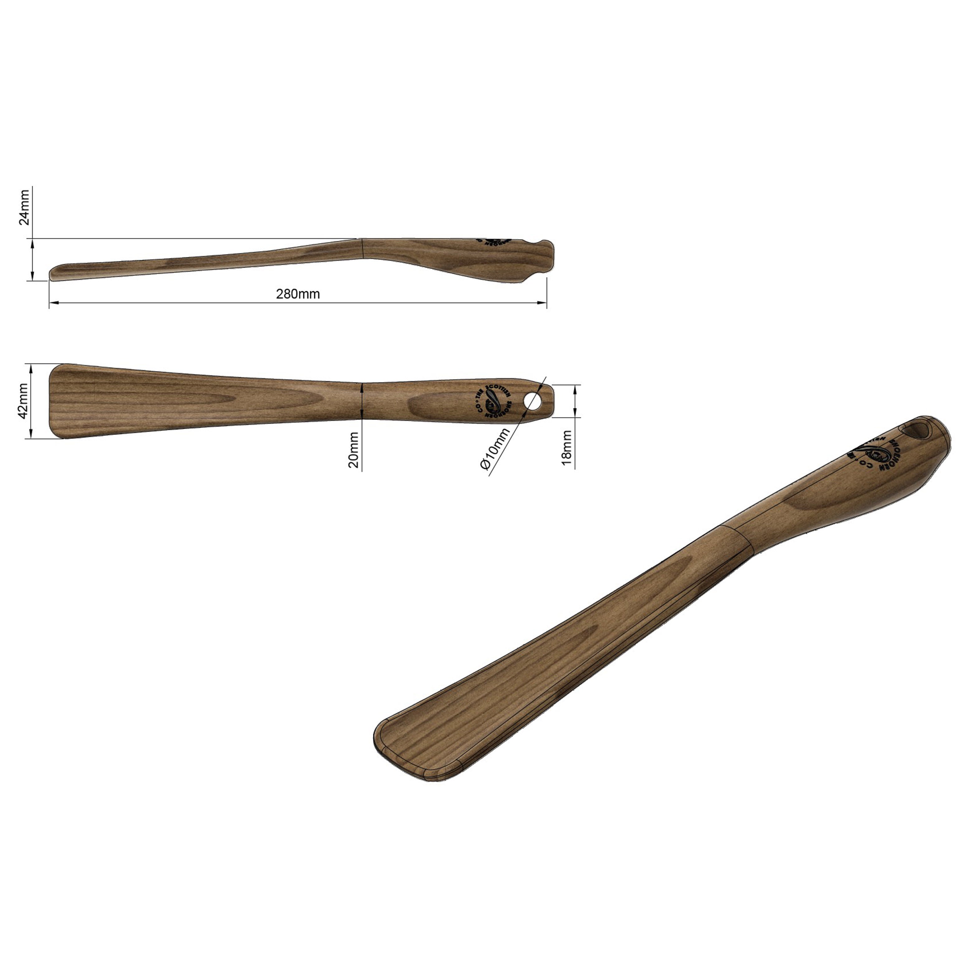 Medium Size Handmade Walnut Shoehorn with Leather Strap, Made in Scotland