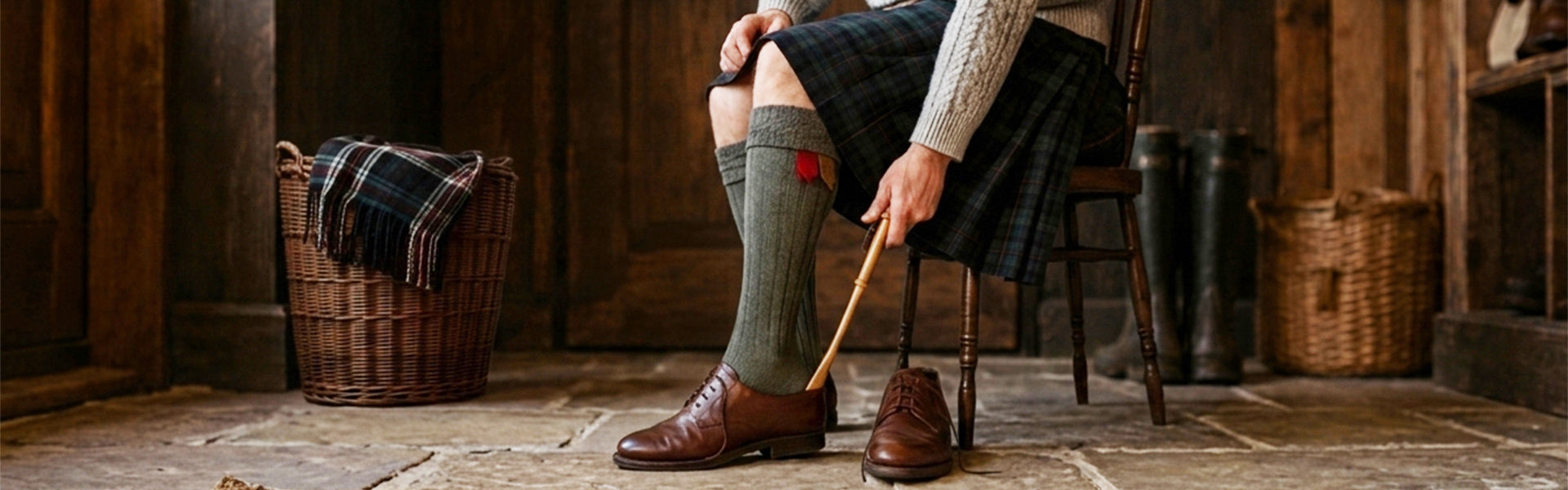A person seated on a wooden chair in a rustic room, wearing knee-high green socks with red and black stripes, brown leather shoes, and a dark tartan skirt. A wicker basket with a plaid blanket, boots, and woven baskets are visible in the background.