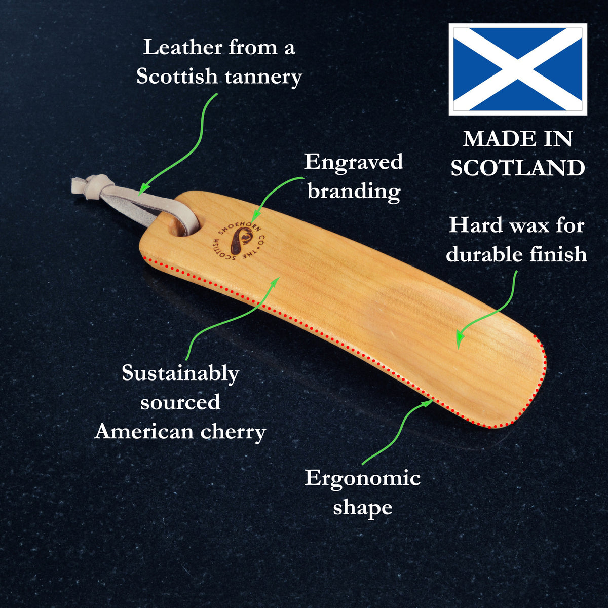 Wee Cherry Shoehorn with Leather Strap, Made in Scotland