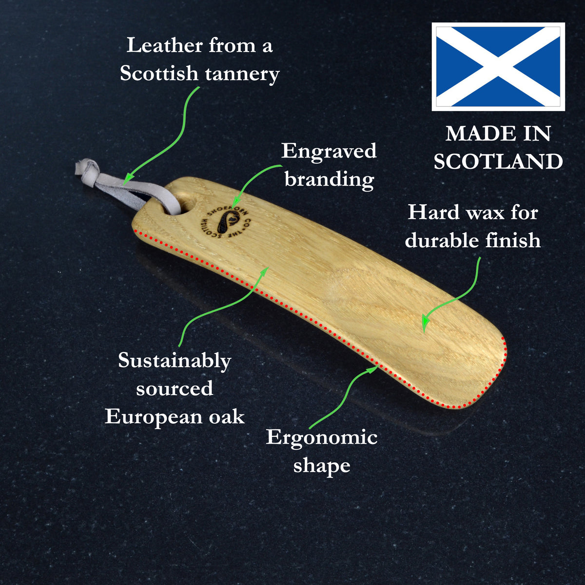 Wee Oak Shoehorn with Leather Strap, Made in Scotland