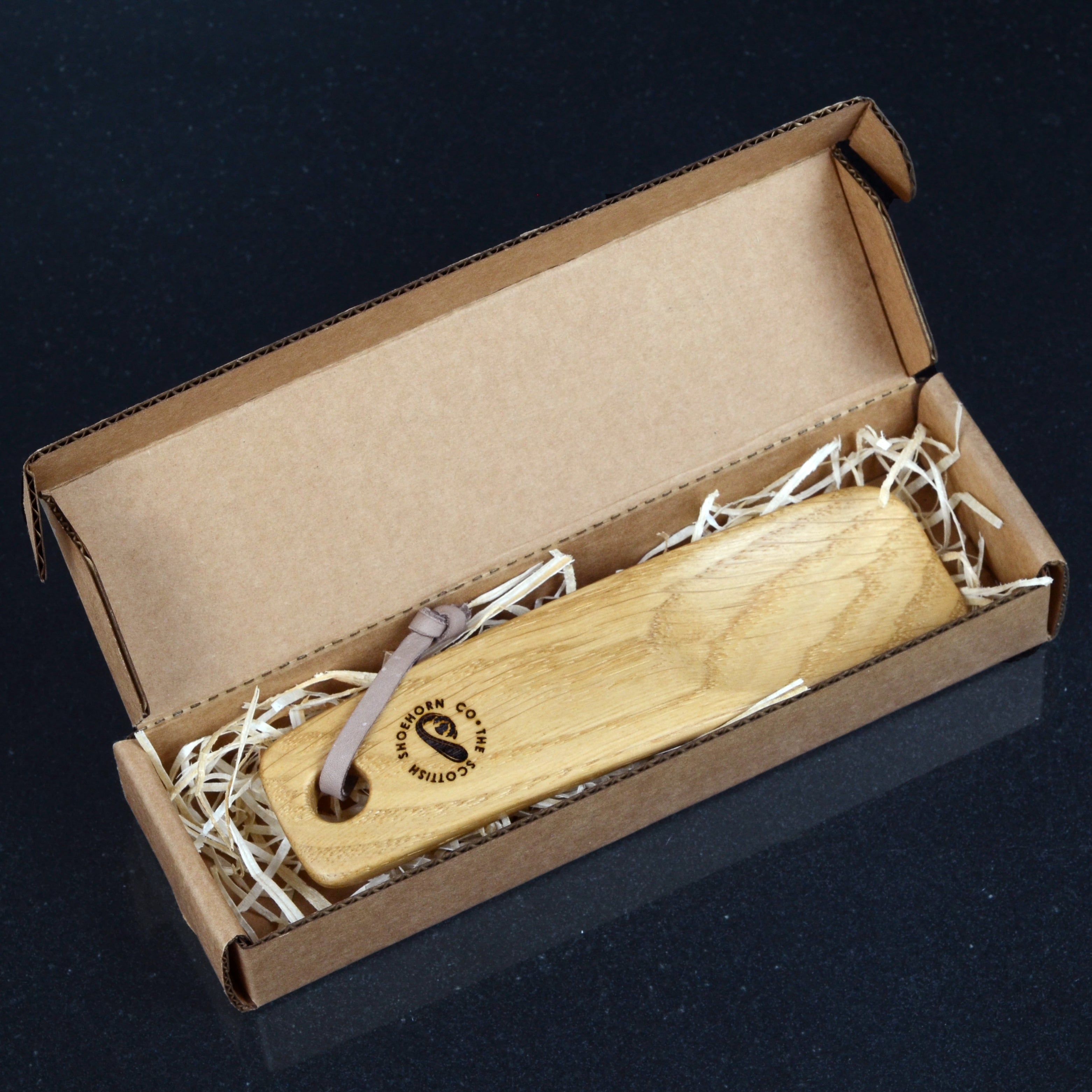 Wee Oak Shoehorn with Leather Strap, Made in Scotland