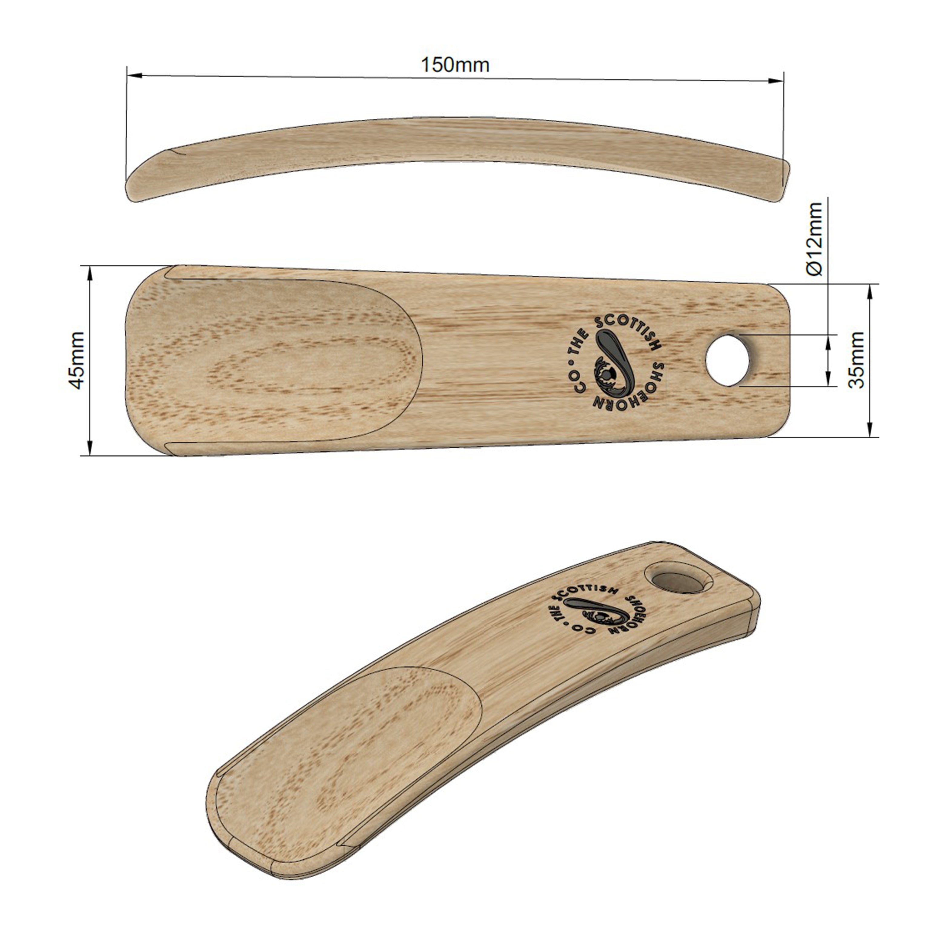Wee Oak Shoehorn with Leather Strap, Made in Scotland