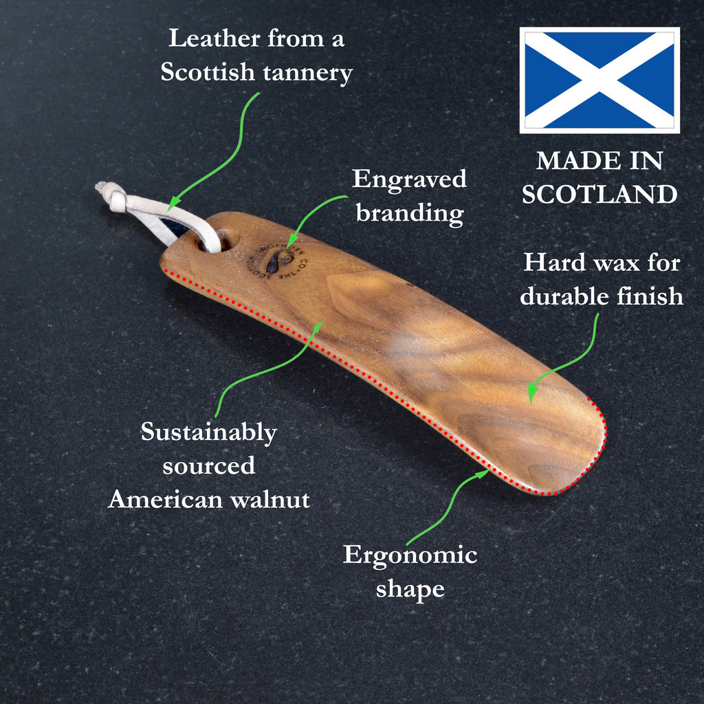 Wee Walnut Shoehorn with Leather Strap, Made in Scotland