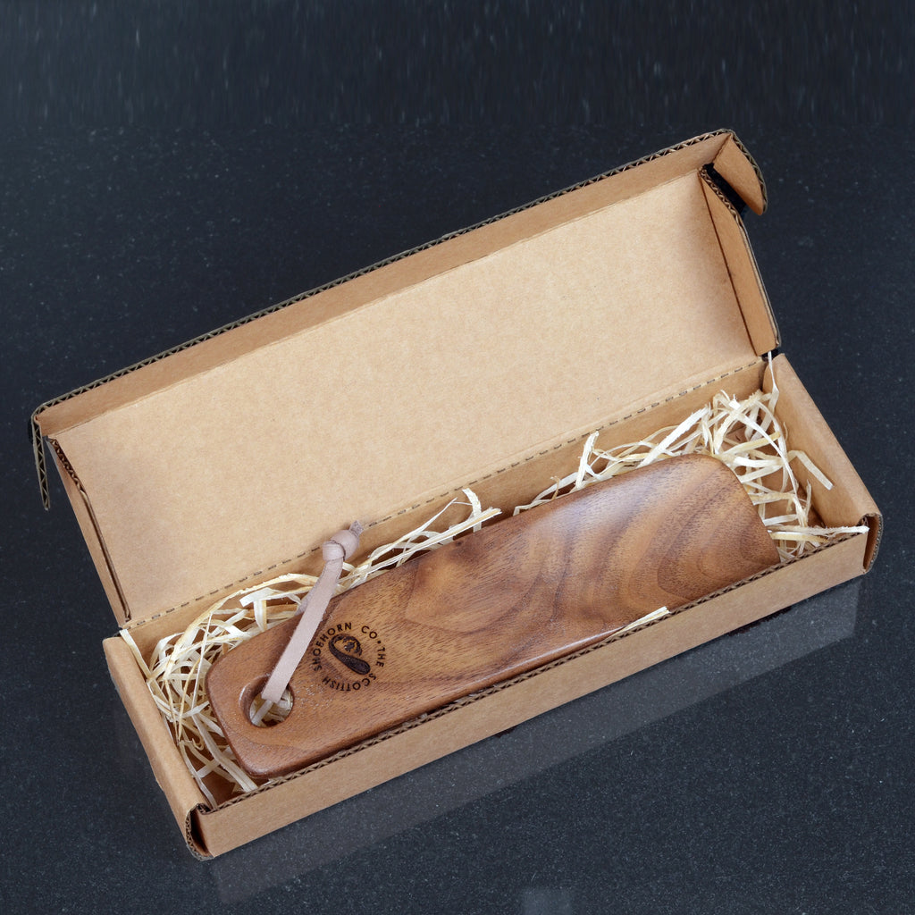 Wee Walnut Shoehorn with Leather Strap, Made in Scotland