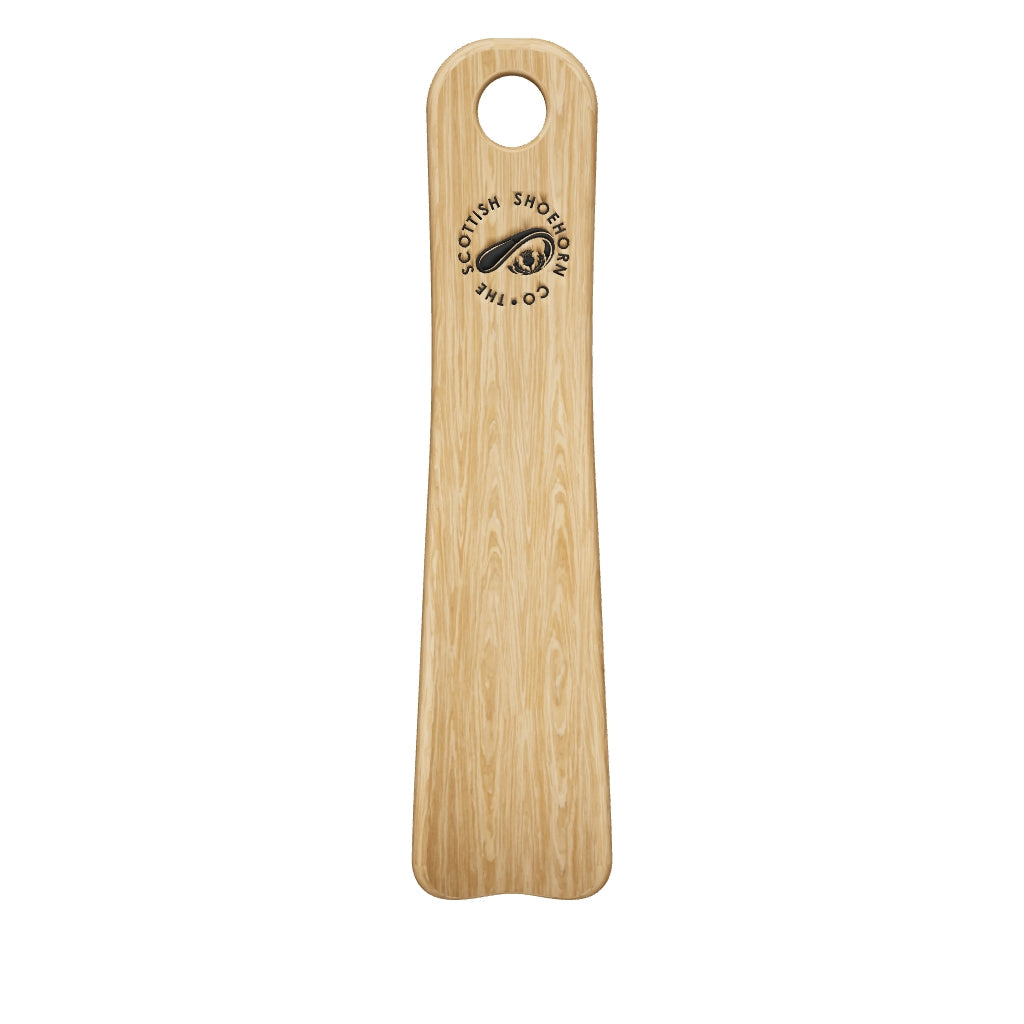 Compact Handmade Oak Shoehorn with Leather Strap, Made in Scotland
