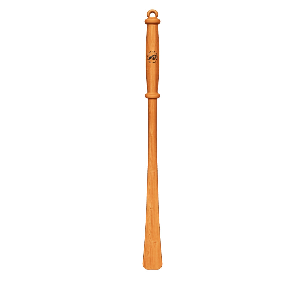 Long Handmade Cherry Wood Shoehorn with Intricate Handle and Leather Strap, Made in Scotland